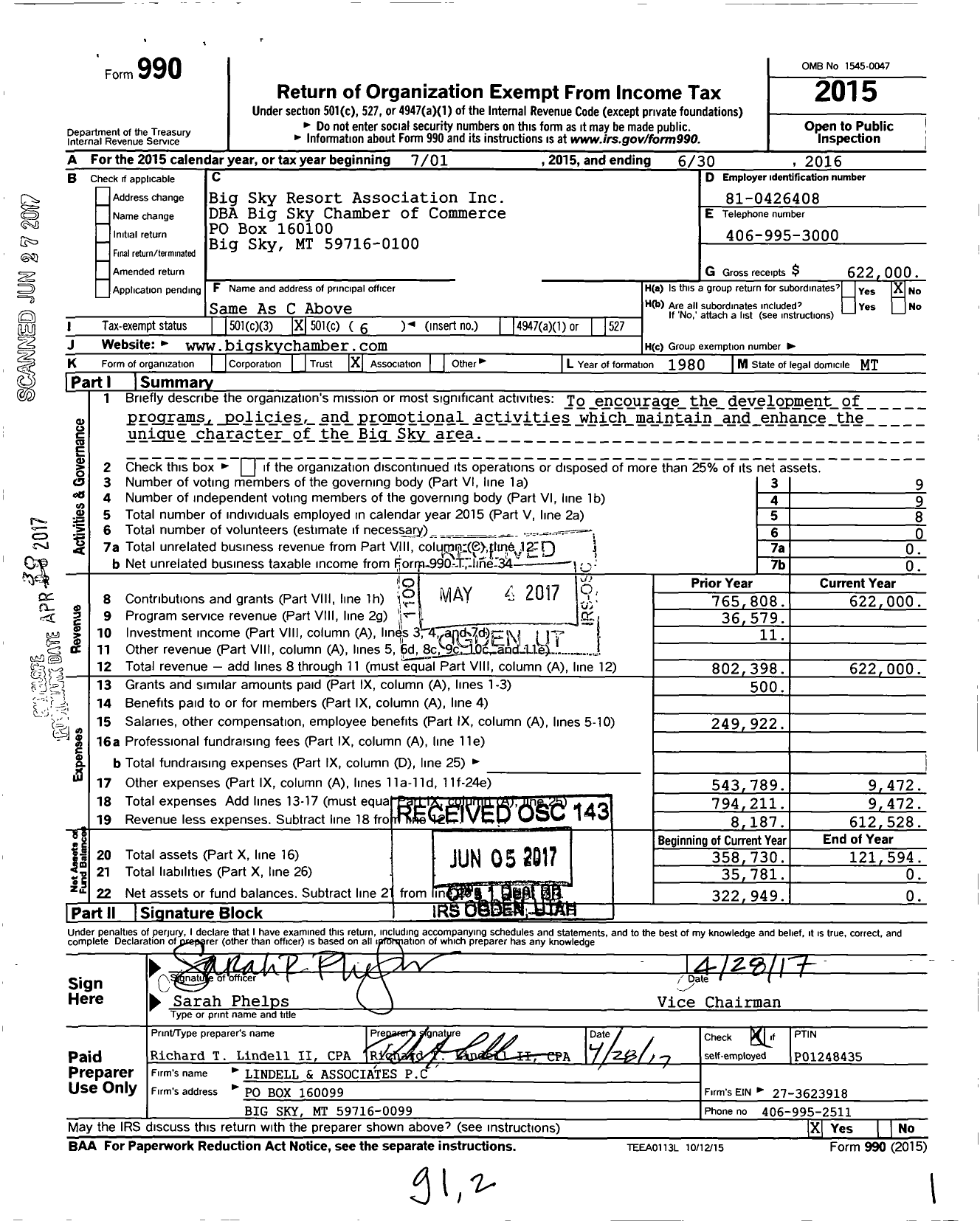 Image of first page of 2015 Form 990O for Big Sky Chamber of Commerce