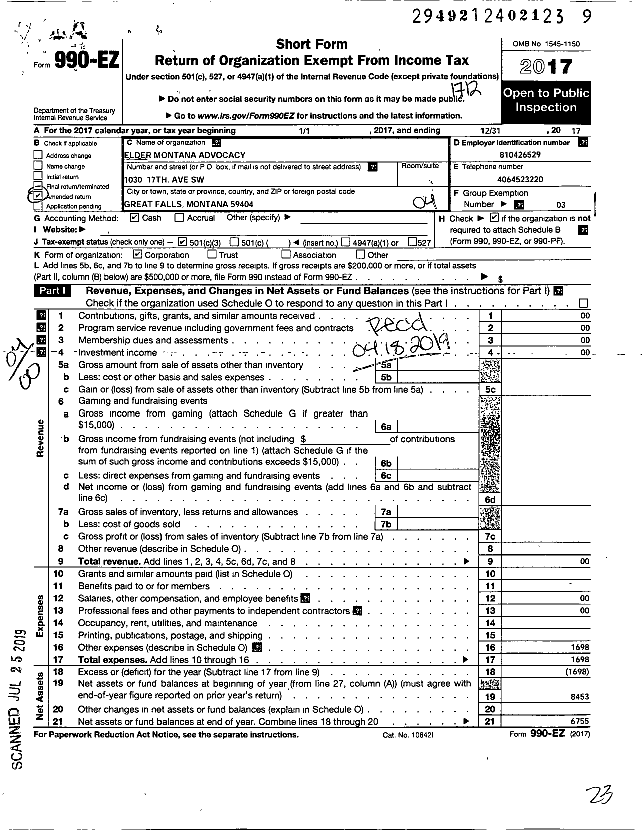 Image of first page of 2017 Form 990EO for Elder Montana Advocacy