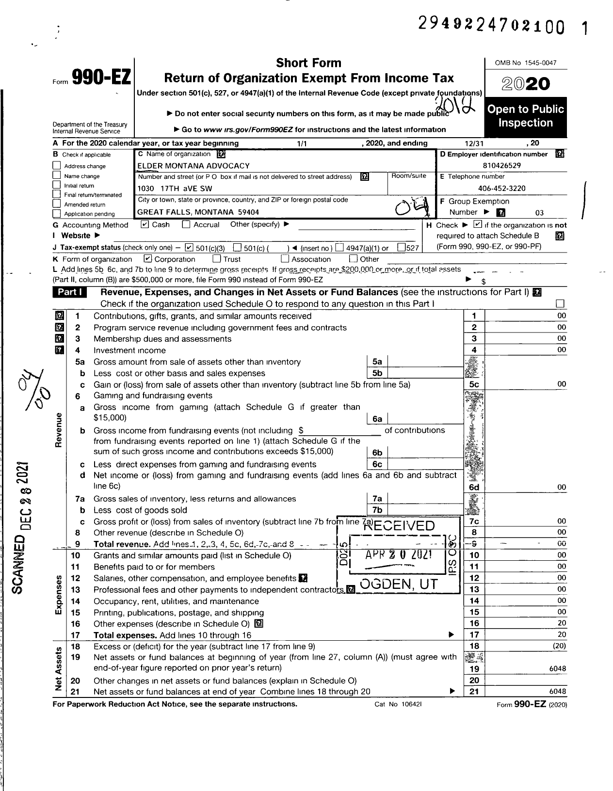 Image of first page of 2020 Form 990EO for Elder Montana Advocacy