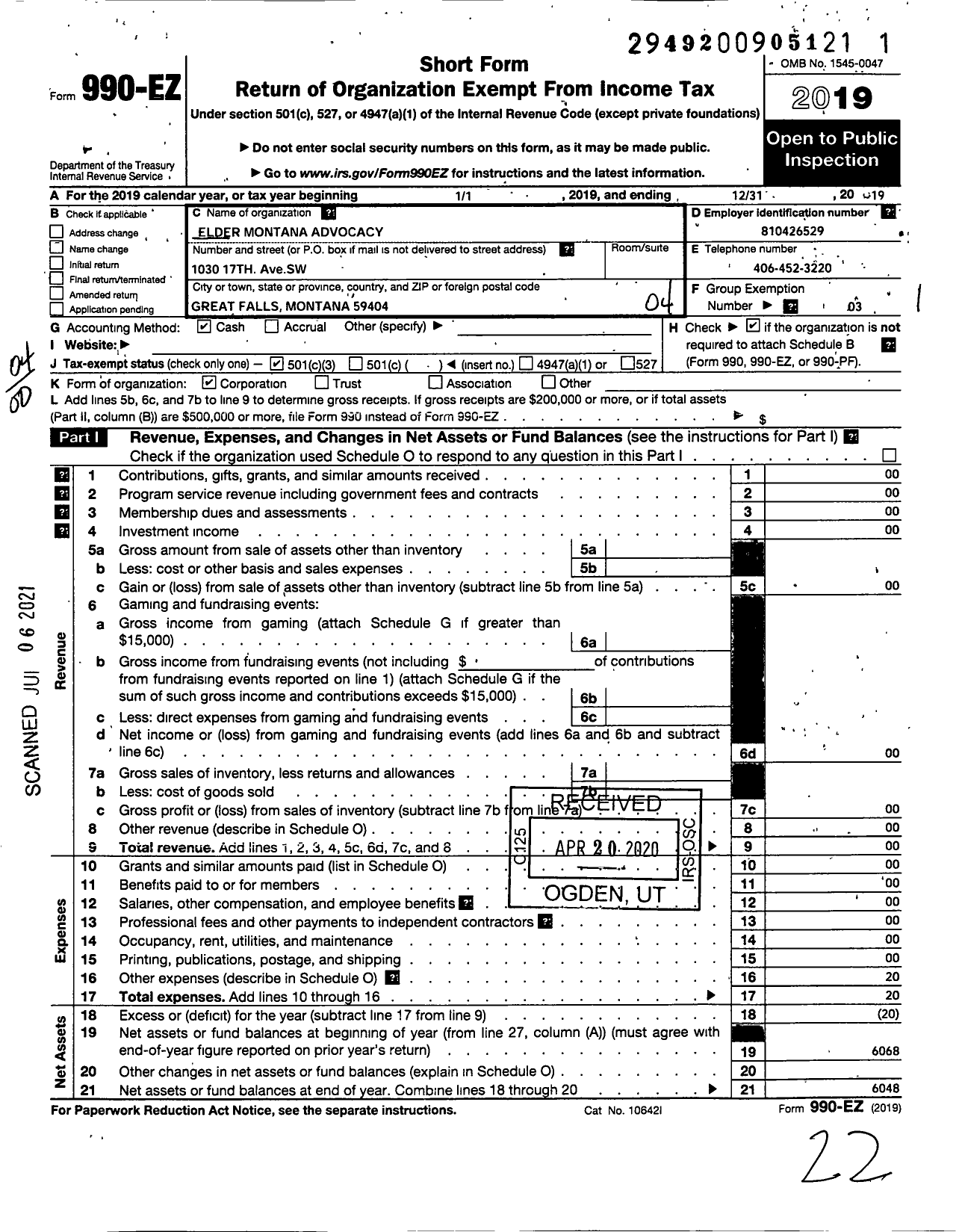 Image of first page of 2019 Form 990EO for Elder Montana Advocacy