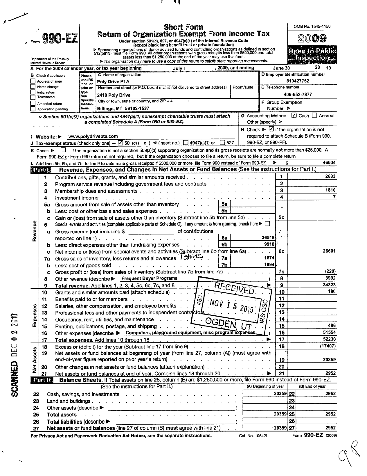 Image of first page of 2009 Form 990EO for Montana Congress of Parents Teachers Students / Poly Drive PTA