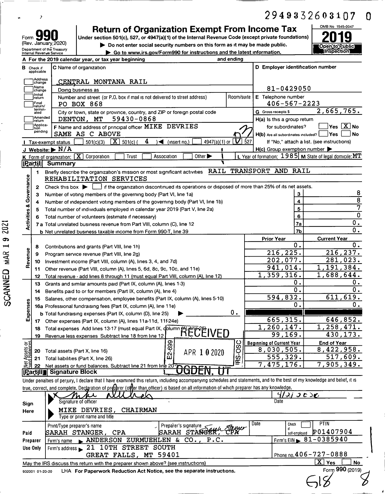 Image of first page of 2019 Form 990 for Central Montana Rail