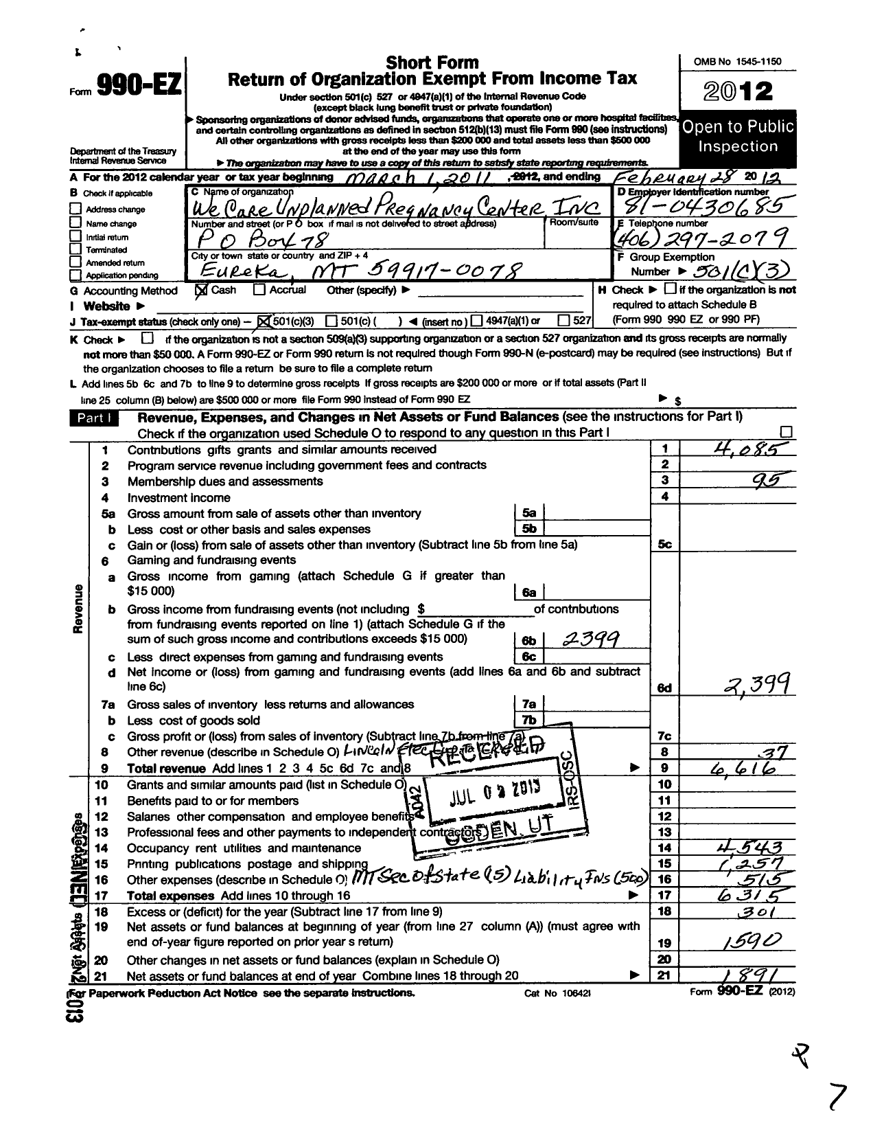 Image of first page of 2011 Form 990EZ for We Care Unplanned Pregnancy Center