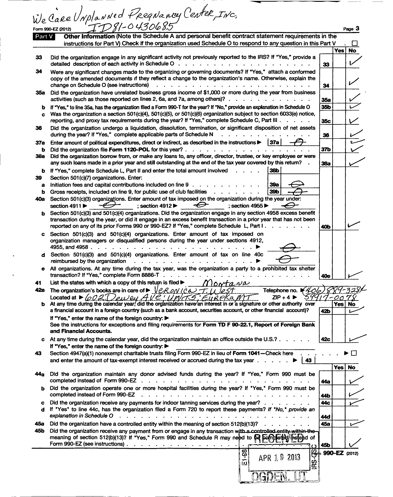 Image of first page of 2010 Form 990ER for We Care Unplanned Pregnancy Center