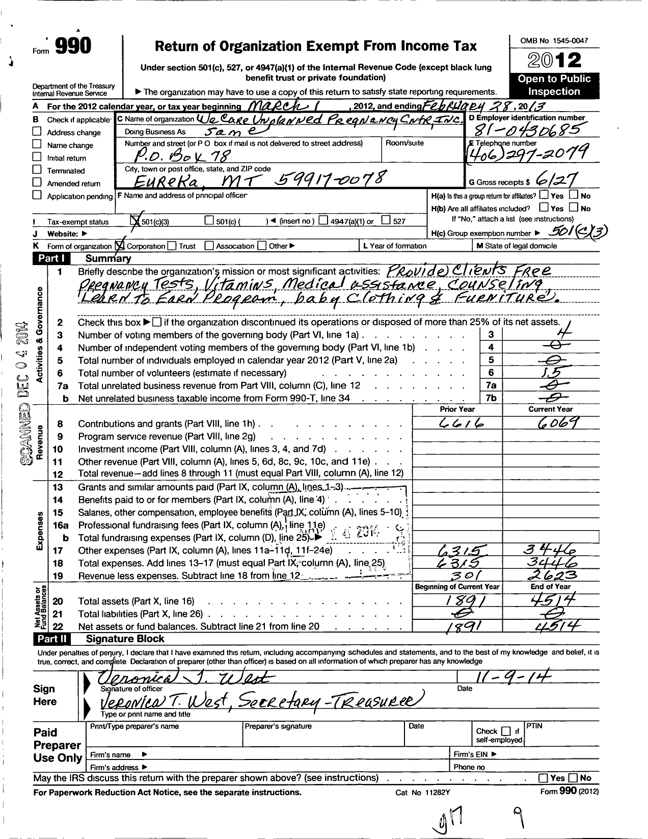 Image of first page of 2012 Form 990 for We Care Unplanned Pregnancy Center