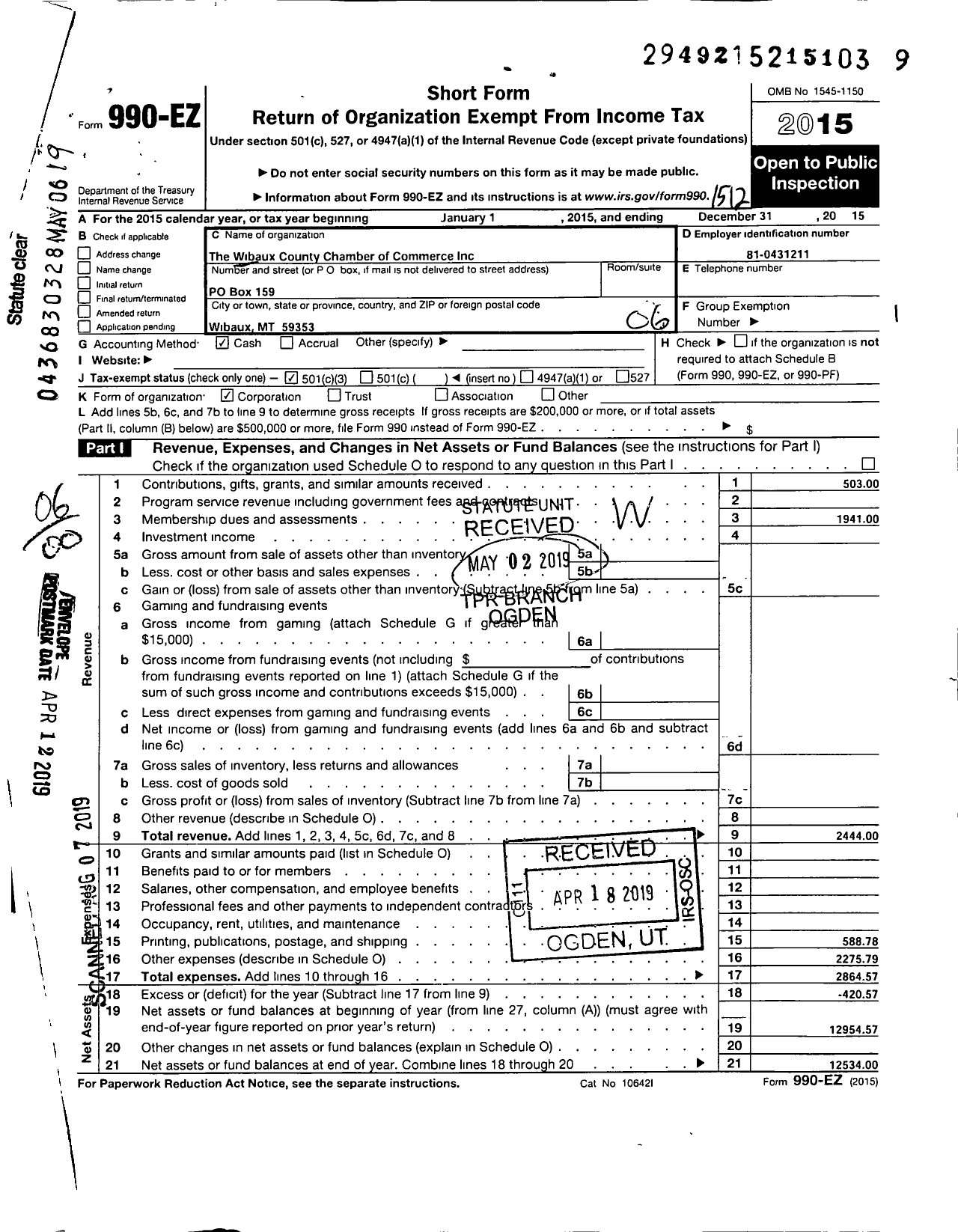 Image of first page of 2015 Form 990EO for Wibaux Chamber of Commerce