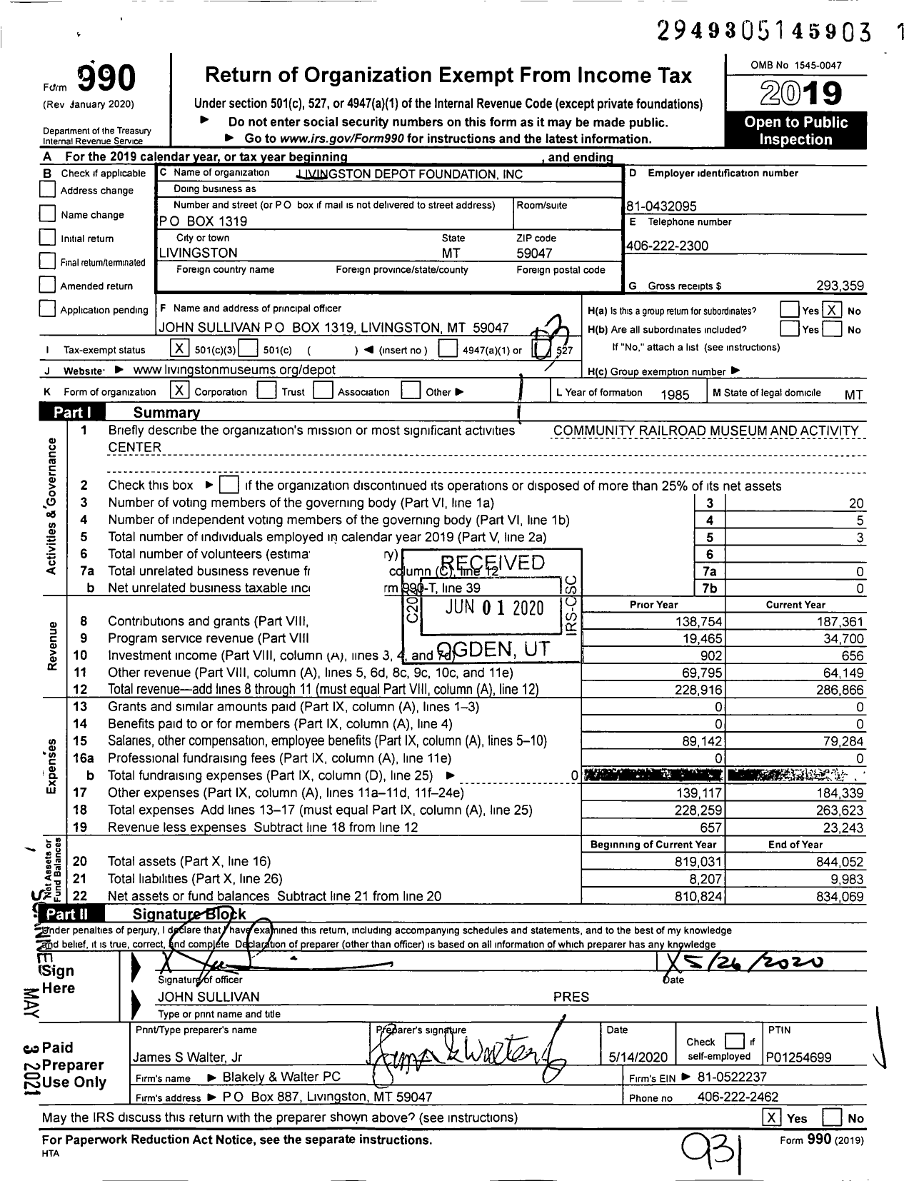 Image of first page of 2019 Form 990 for Livingston Depot Foundation