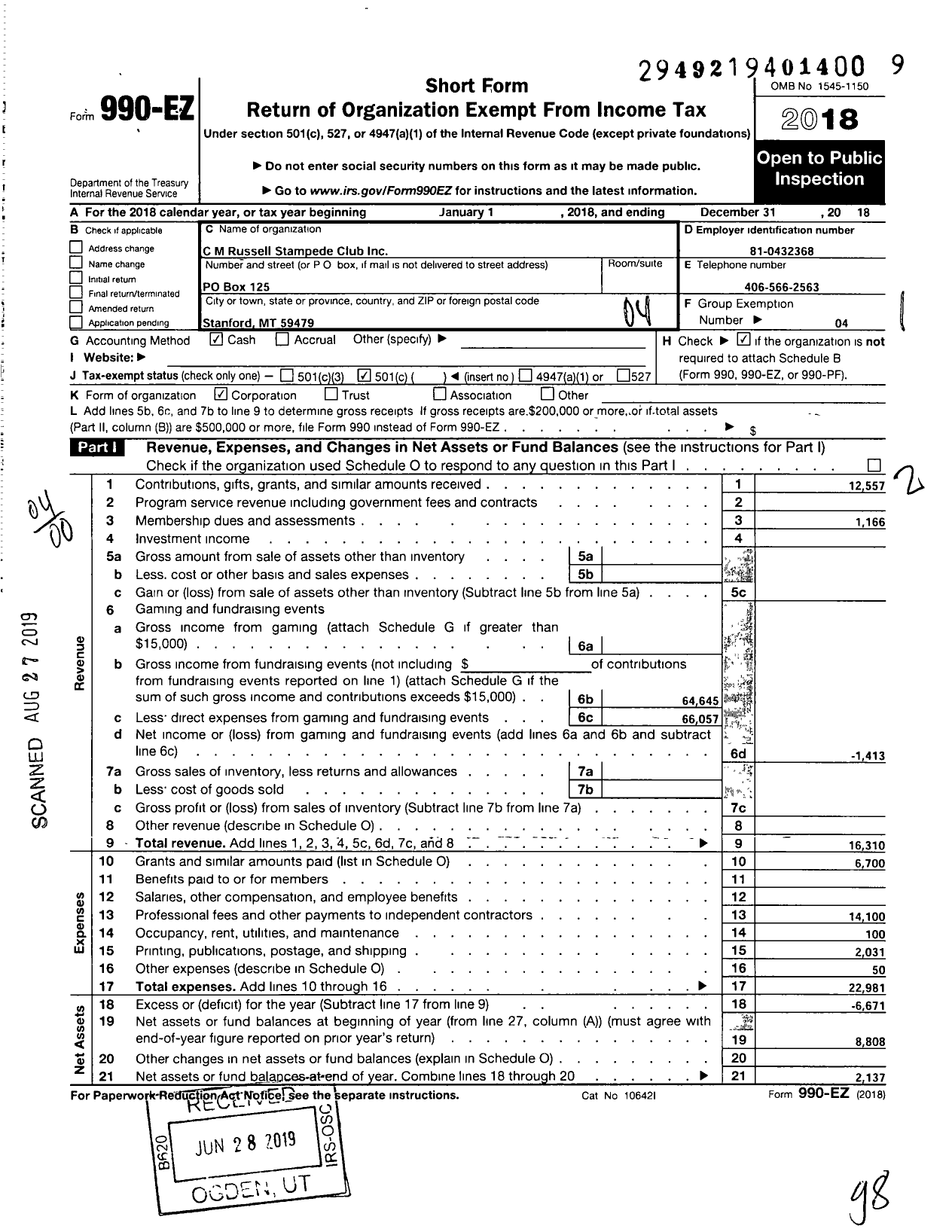 Image of first page of 2018 Form 990EO for C M Russell Stampede Club