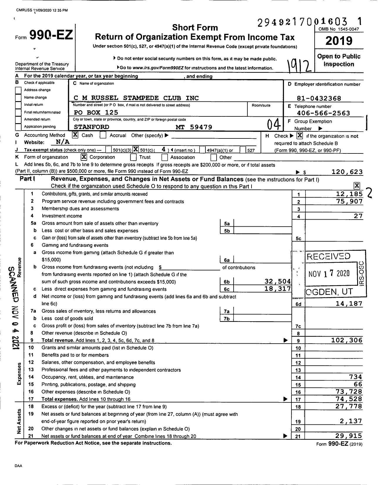 Image of first page of 2019 Form 990EO for C M Russell Stampede Club