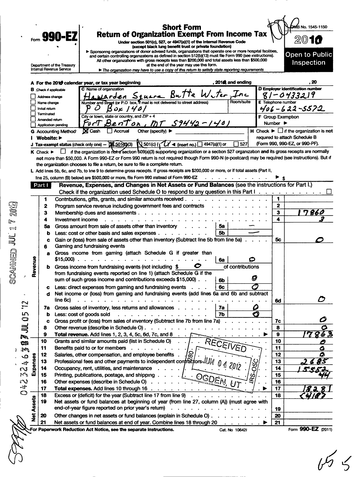 Image of first page of 2010 Form 990EO for Hawarden Square Butte Water