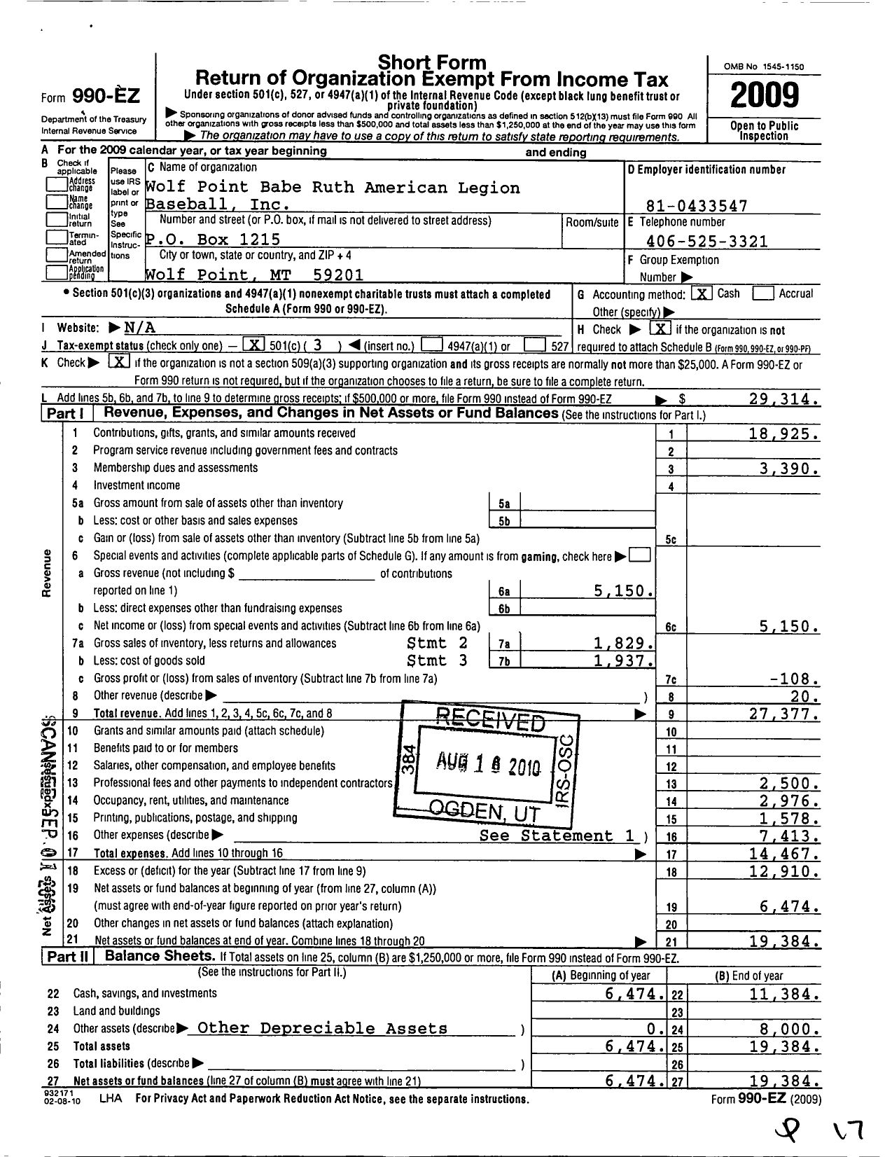 Image of first page of 2009 Form 990EZ for Wolf Point Babe Ruth American Legion Baseball