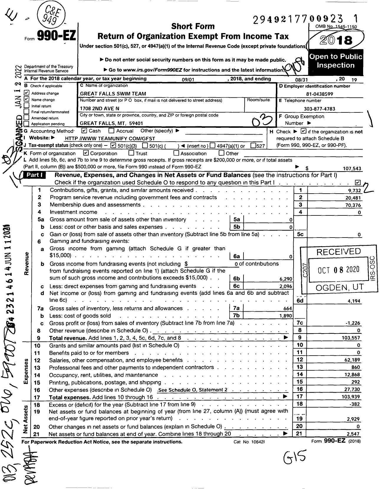 Image of first page of 2018 Form 990EZ for Great Falls Swim Team