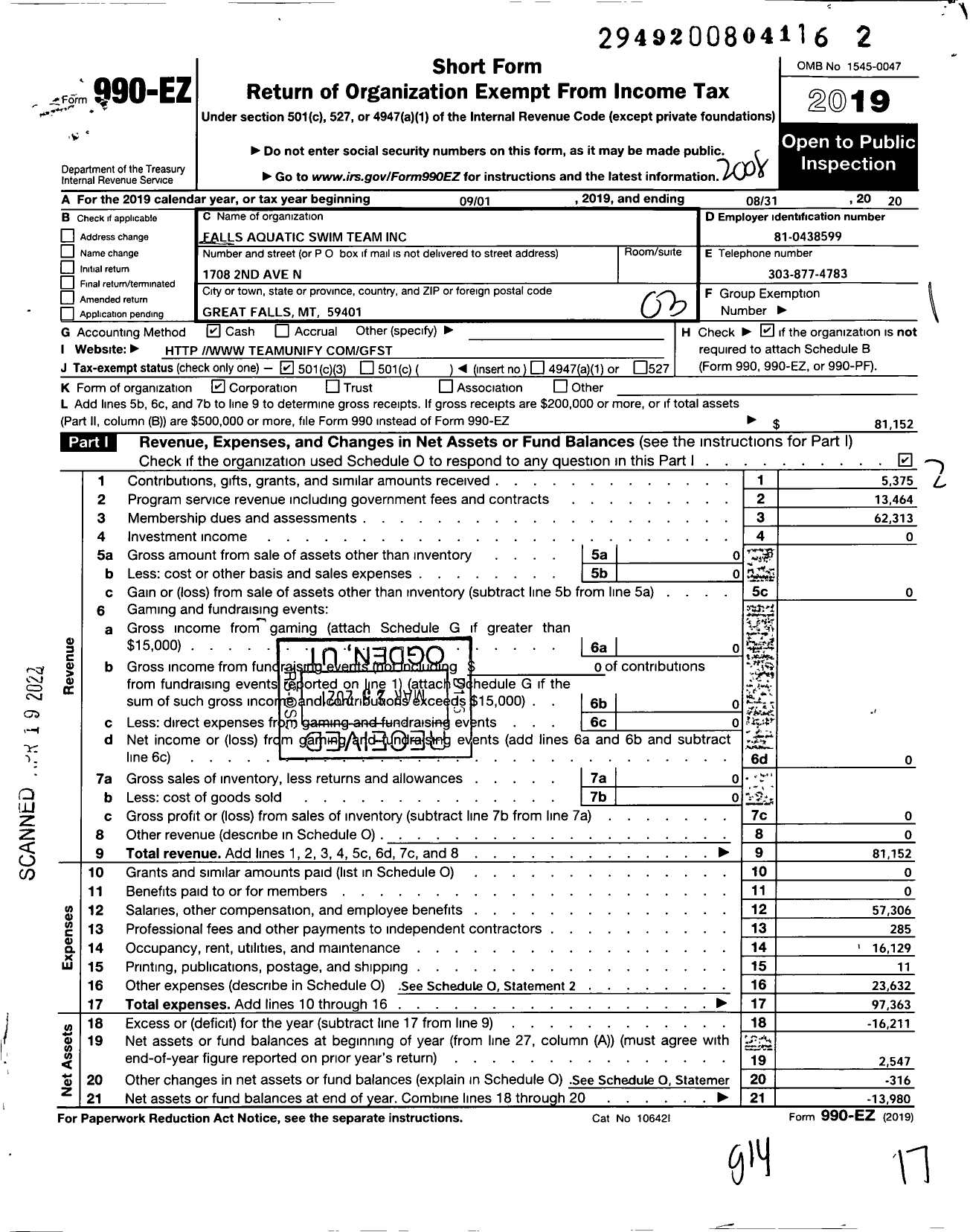 Image of first page of 2019 Form 990EZ for Great Falls Swim Team