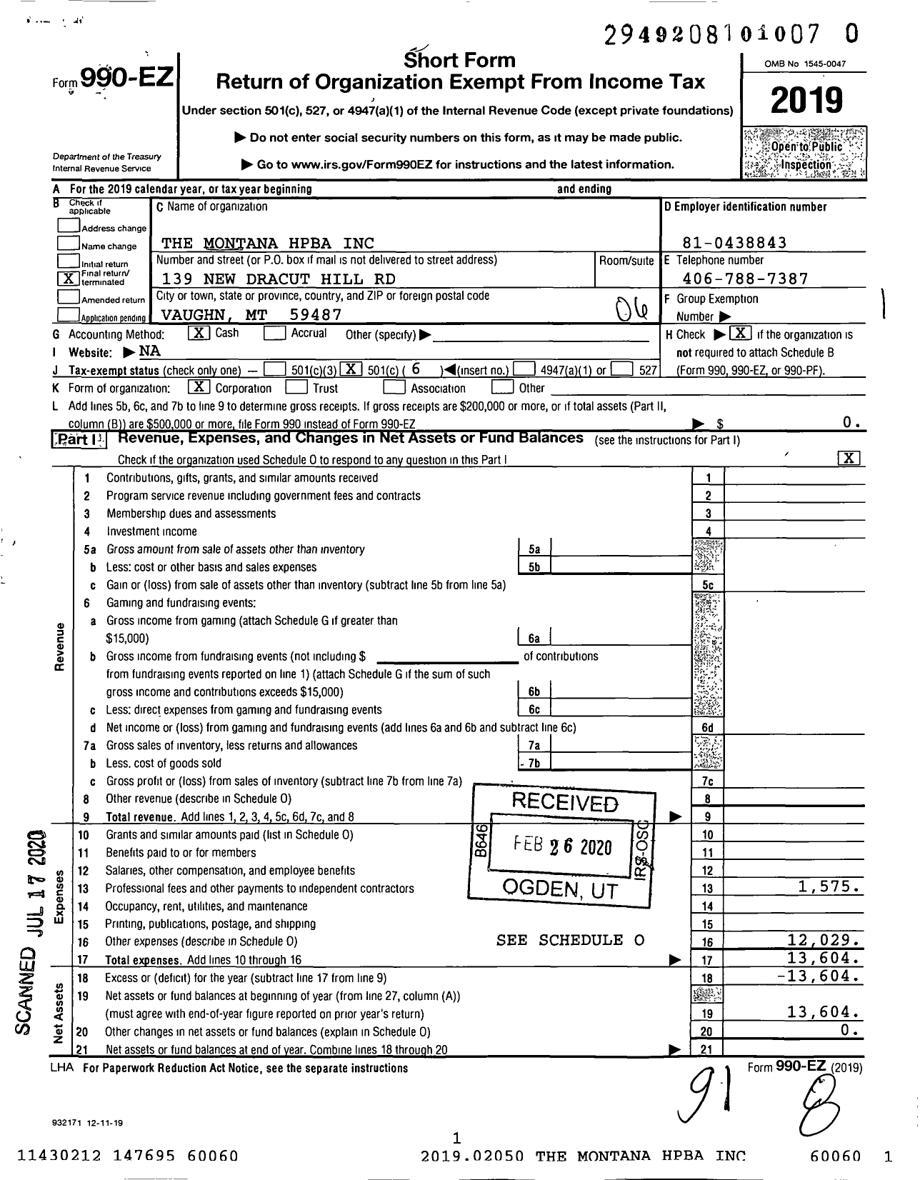 Image of first page of 2019 Form 990EO for The Montana Hpba