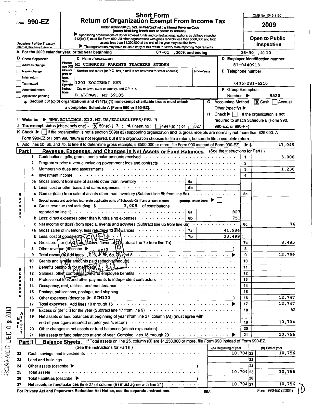 Image of first page of 2009 Form 990EZ for Montana Congress of Parents Teachers Students / Ptam Eagle Cliffs