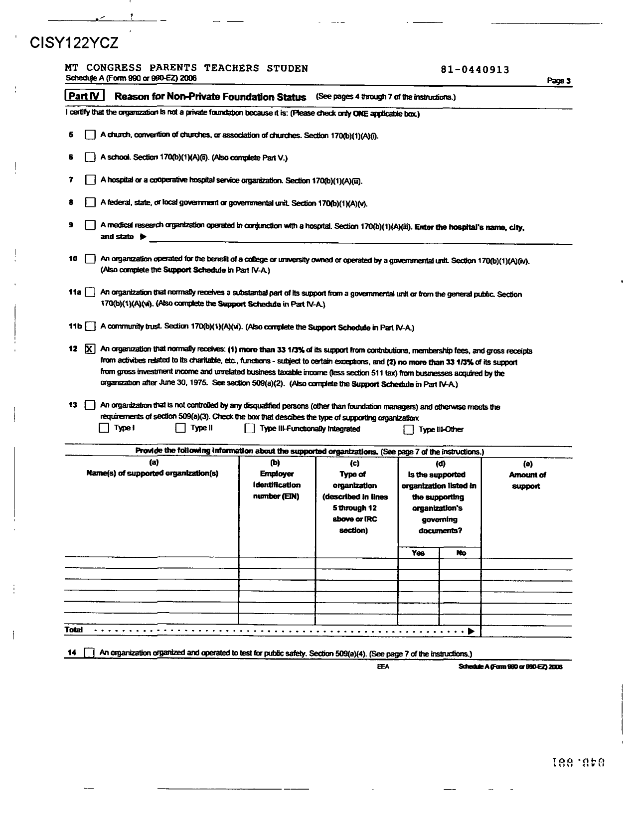 Image of first page of 2006 Form 990ER for Montana Congress of Parents Teachers Students / Ptam Eagle Cliffs