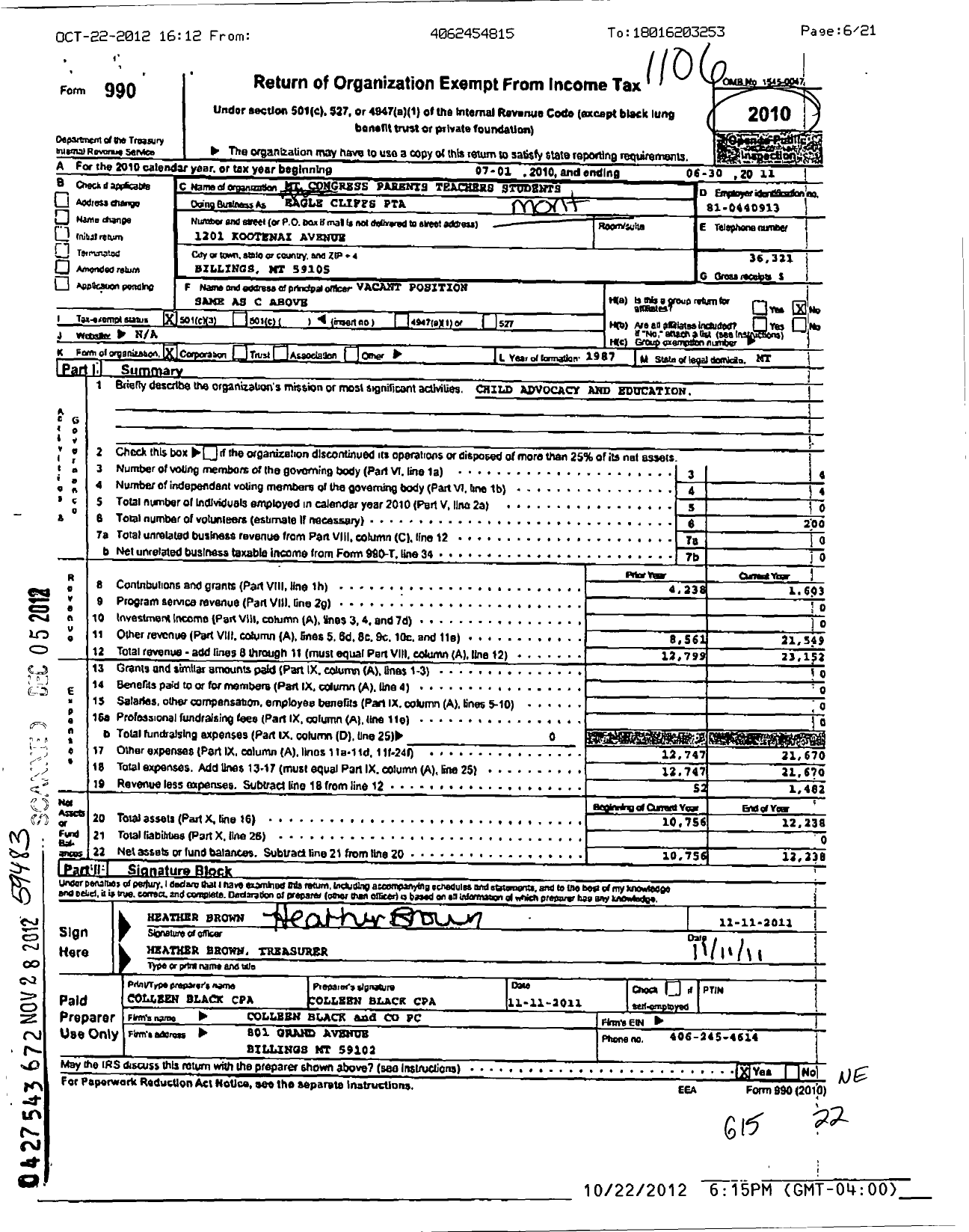 Image of first page of 2010 Form 990 for Montana Congress of Parents Teachers Students / Ptam Eagle Cliffs