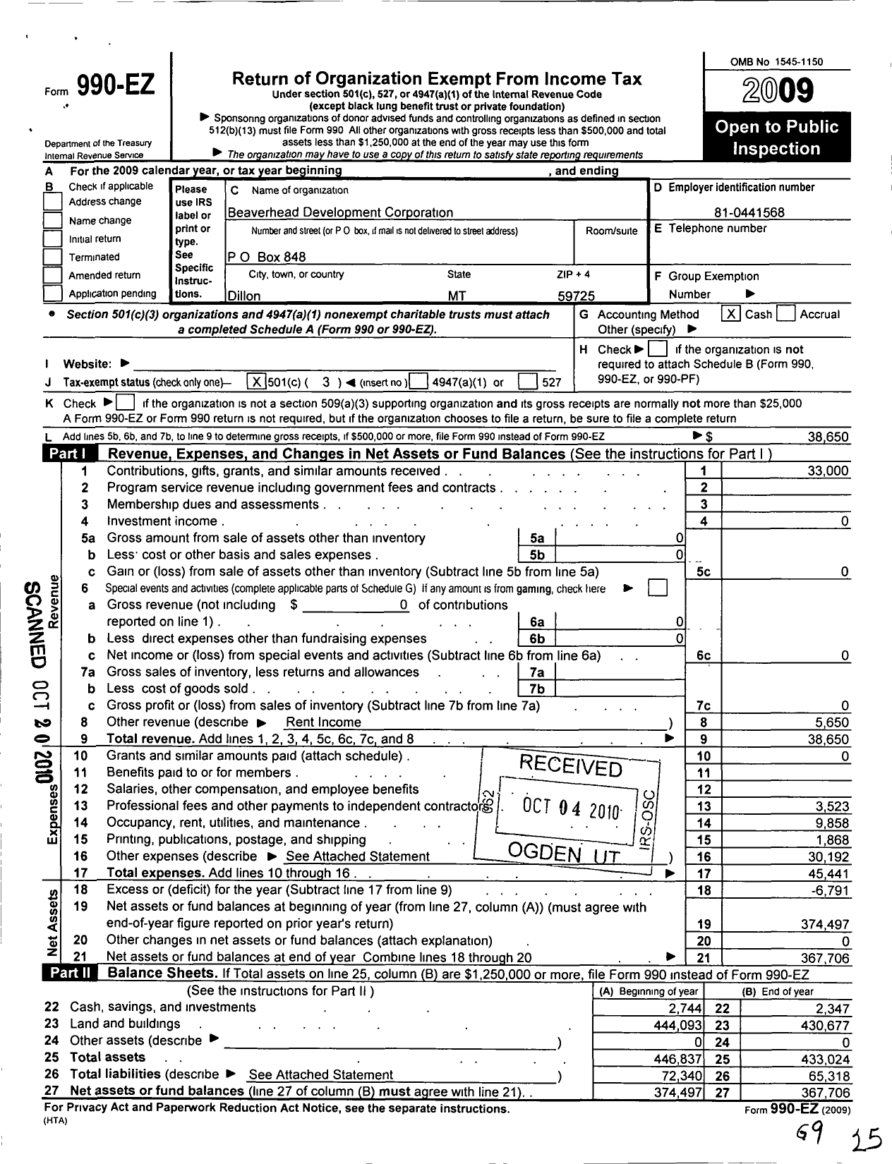 Image of first page of 2009 Form 990EZ for Beaverhead Development Corporation
