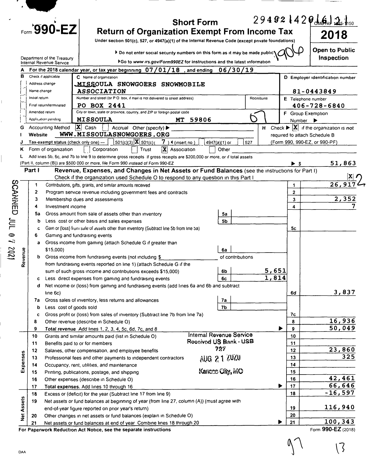 Image of first page of 2018 Form 990EO for Missoula Snowgoers Snowmobile Association