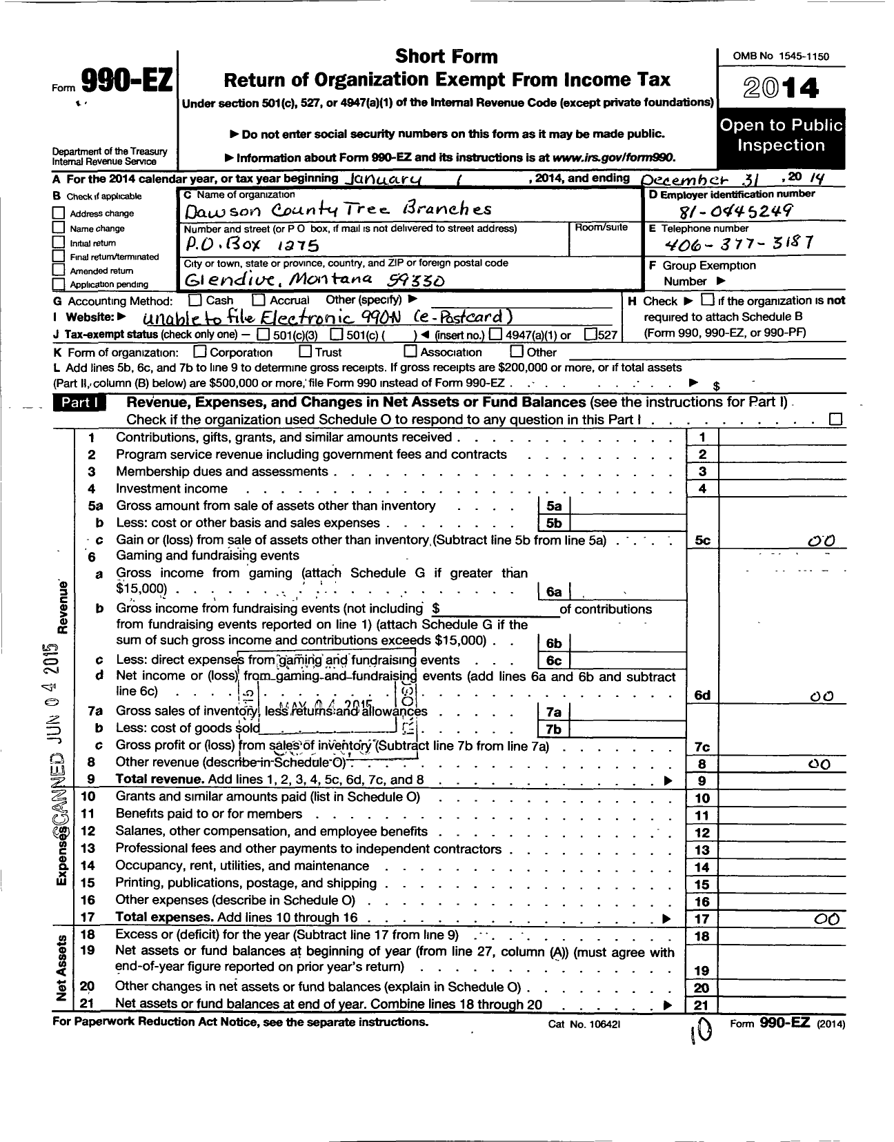 Image of first page of 2014 Form 990EO for Dawson County Tree Branches