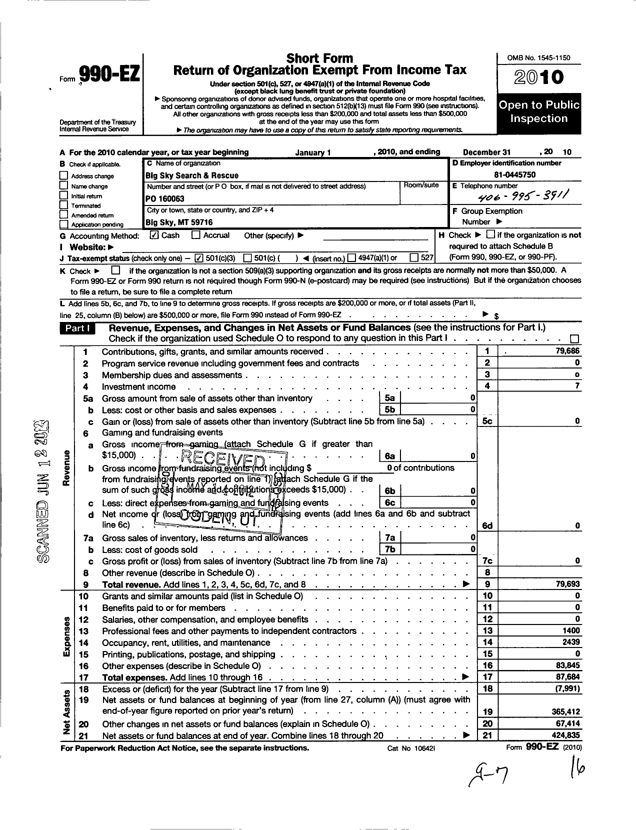 Image of first page of 2010 Form 990EZ for Big Sky Search and Rescue