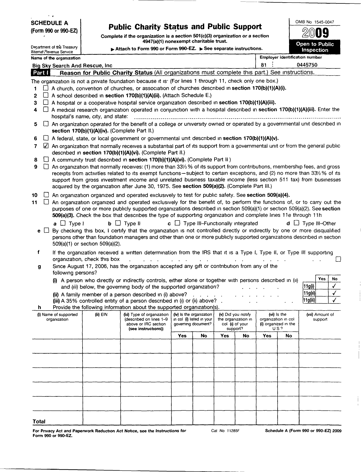 Image of first page of 2009 Form 990ER for Big Sky Search and Rescue