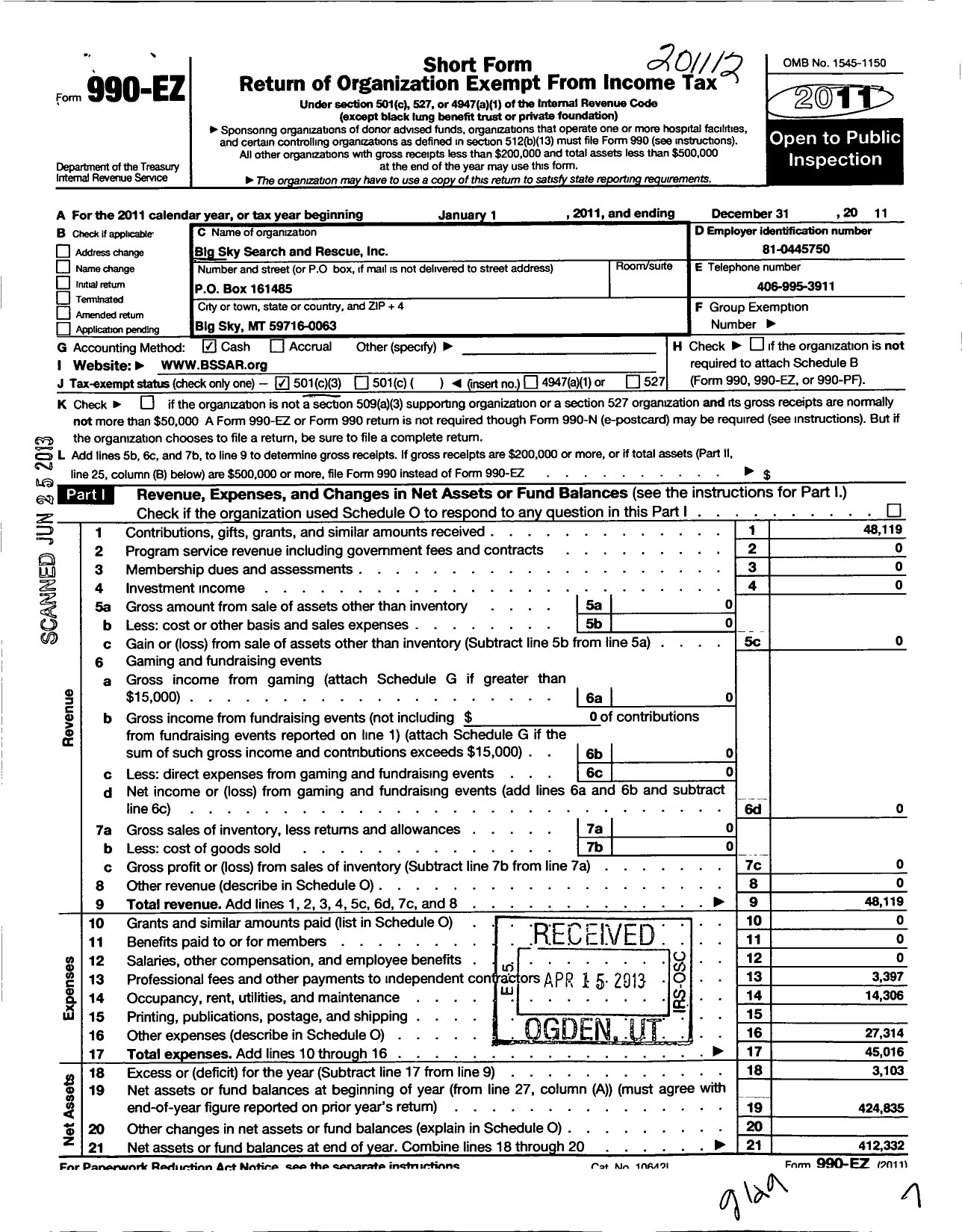 Image of first page of 2011 Form 990EZ for Big Sky Search and Rescue