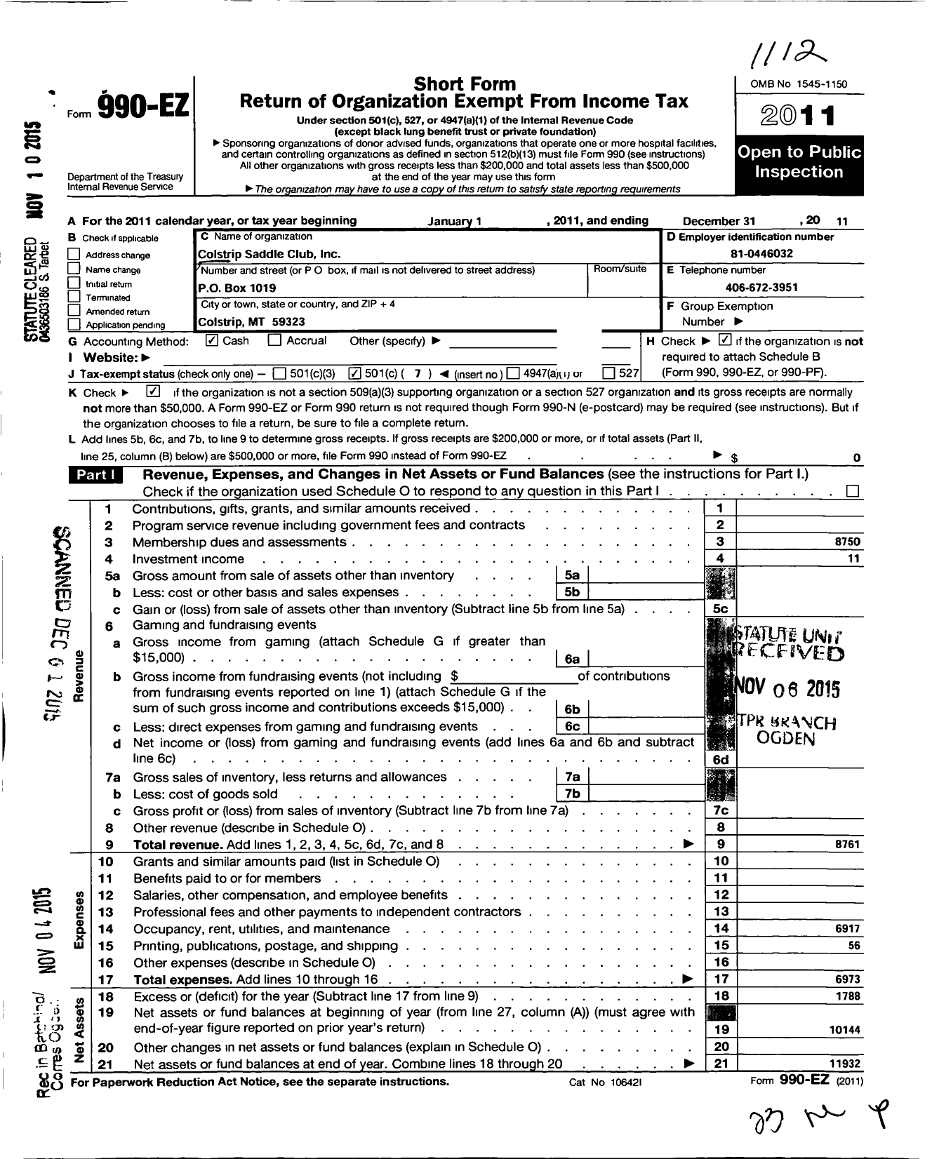 Image of first page of 2011 Form 990EO for Colstrip Saddle Club