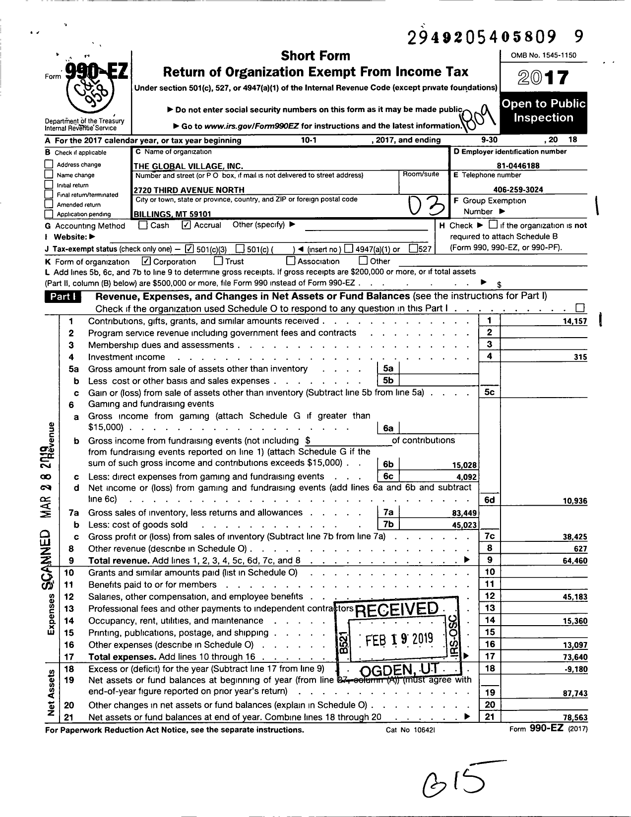 Image of first page of 2017 Form 990EZ for The Global Village