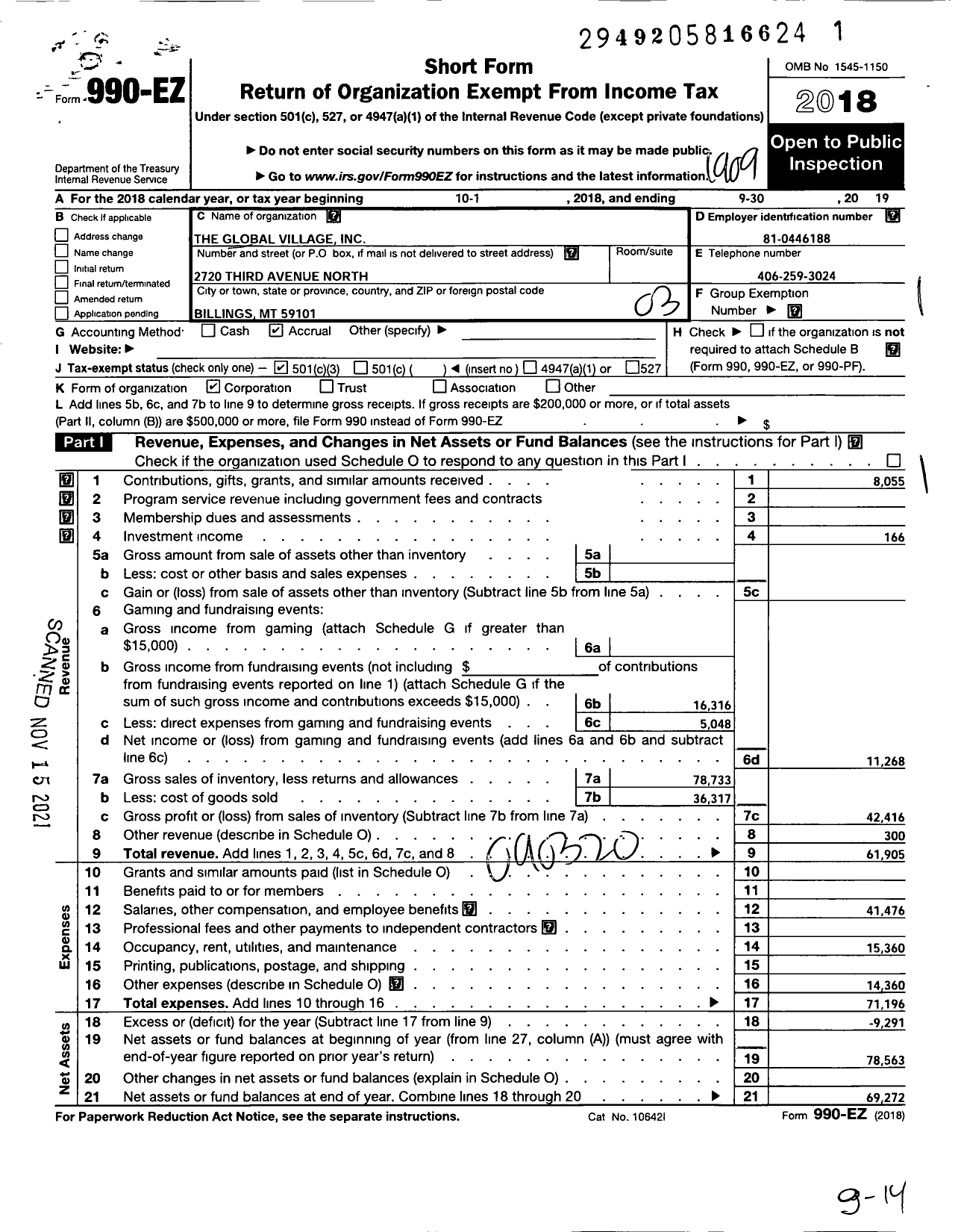 Image of first page of 2018 Form 990EZ for The Global Village