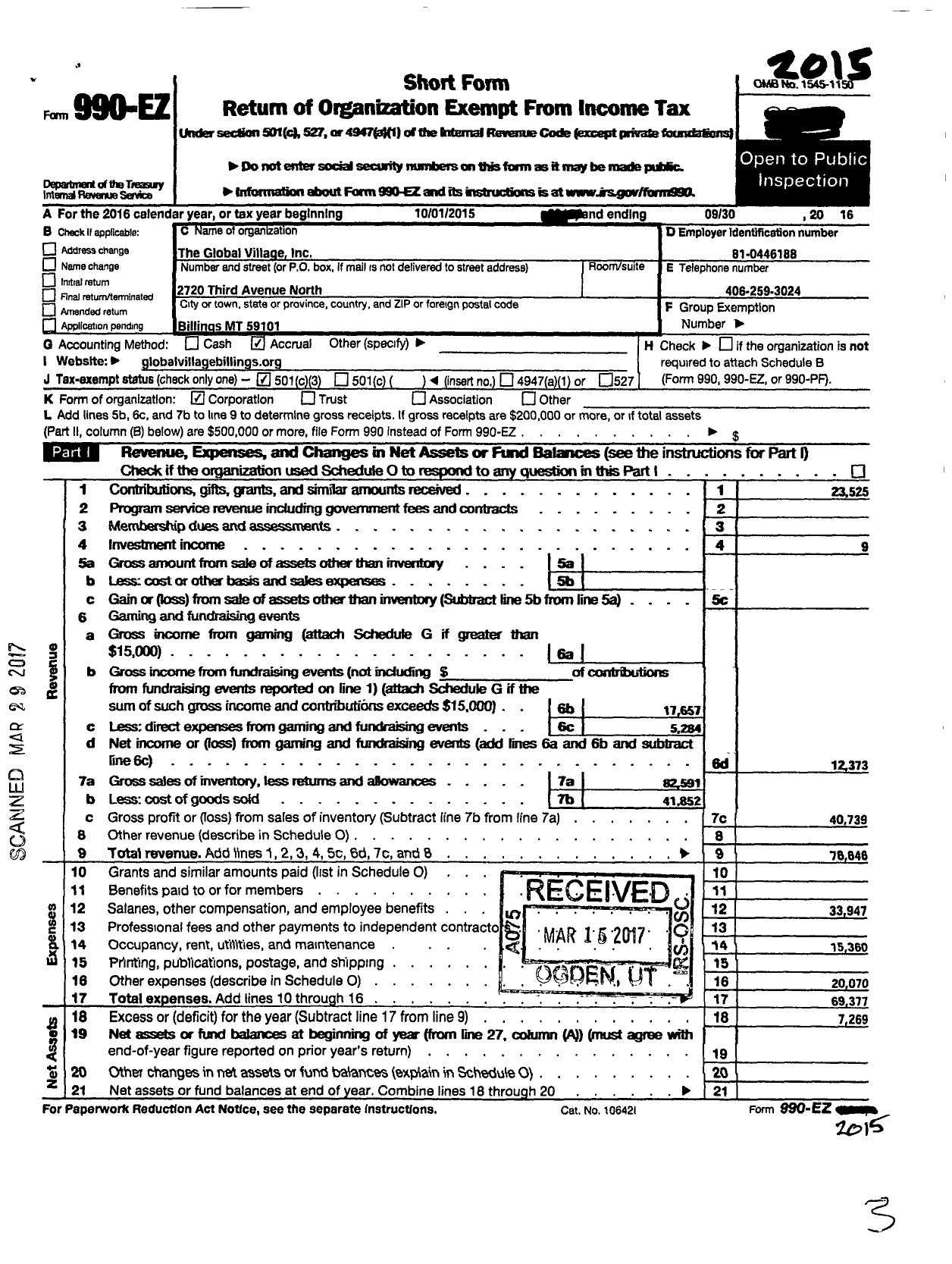 Image of first page of 2015 Form 990EZ for The Global Village