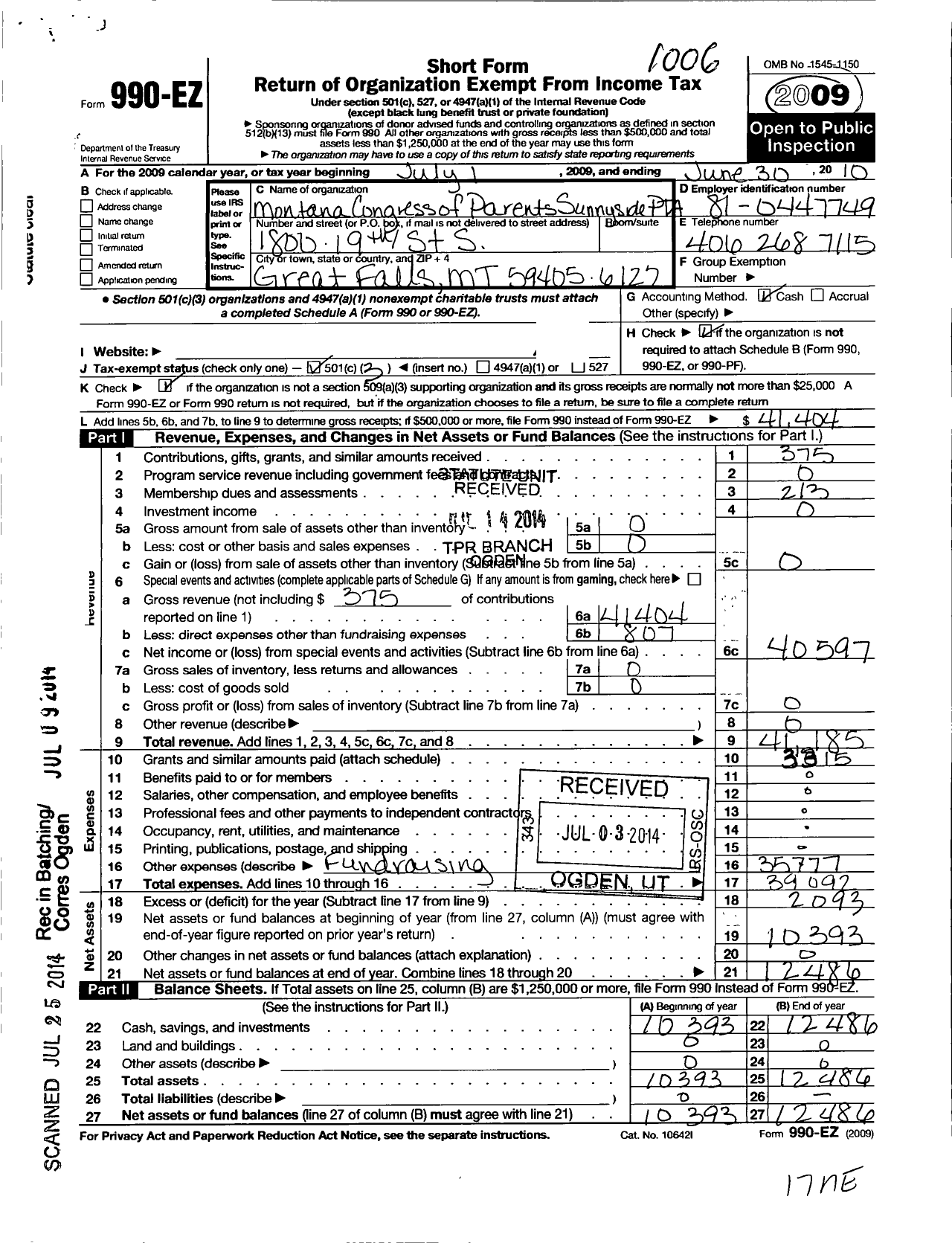 Image of first page of 2009 Form 990EZ for Montana Congress of Parents Teachers Students / 5556 Sunnyside PTA