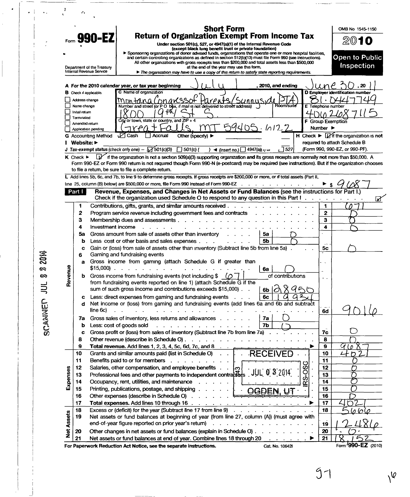 Image of first page of 2010 Form 990EZ for Montana Congress of Parents Teachers Students / 5556 Sunnyside PTA