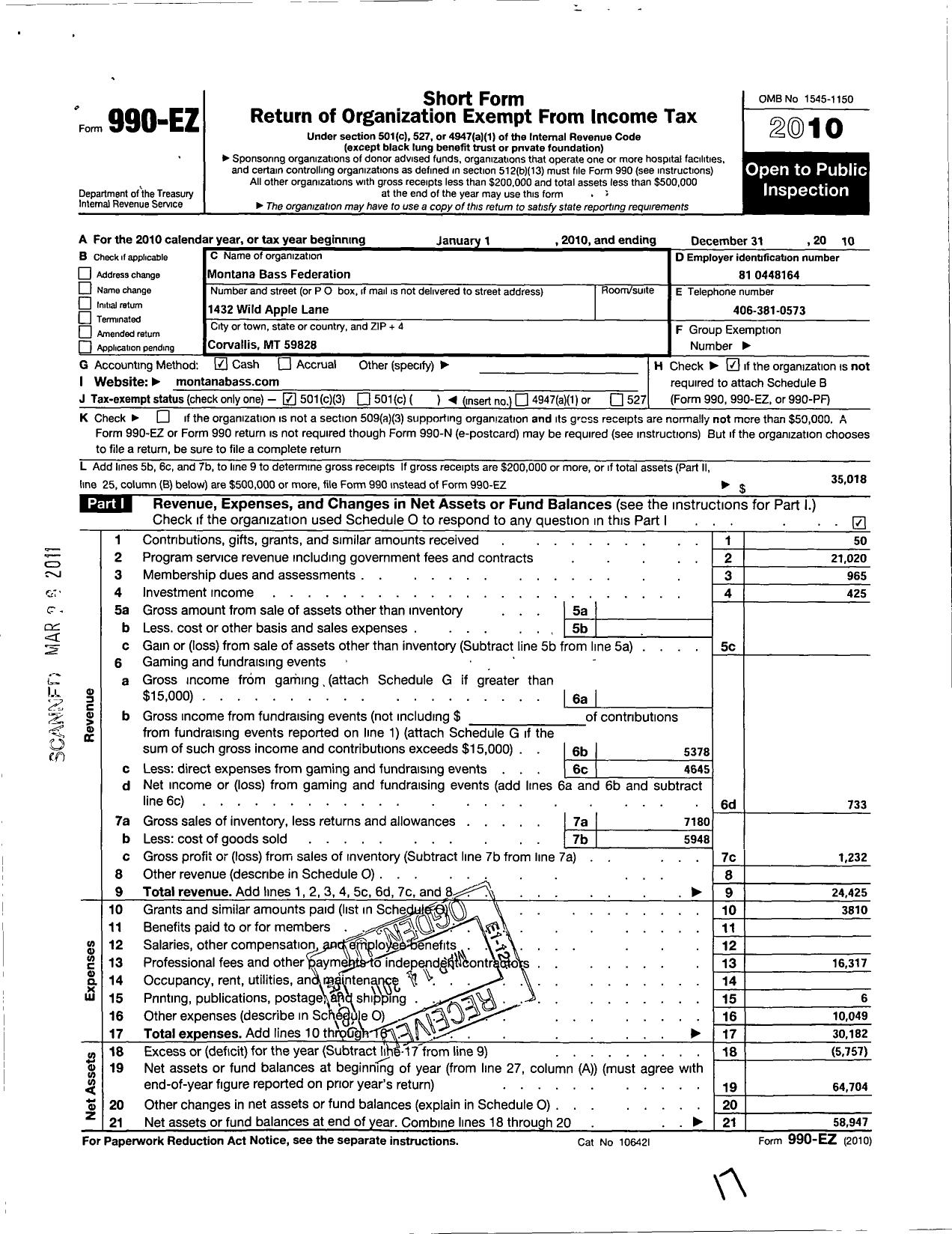 Image of first page of 2010 Form 990EZ for Montana State Bass Federation