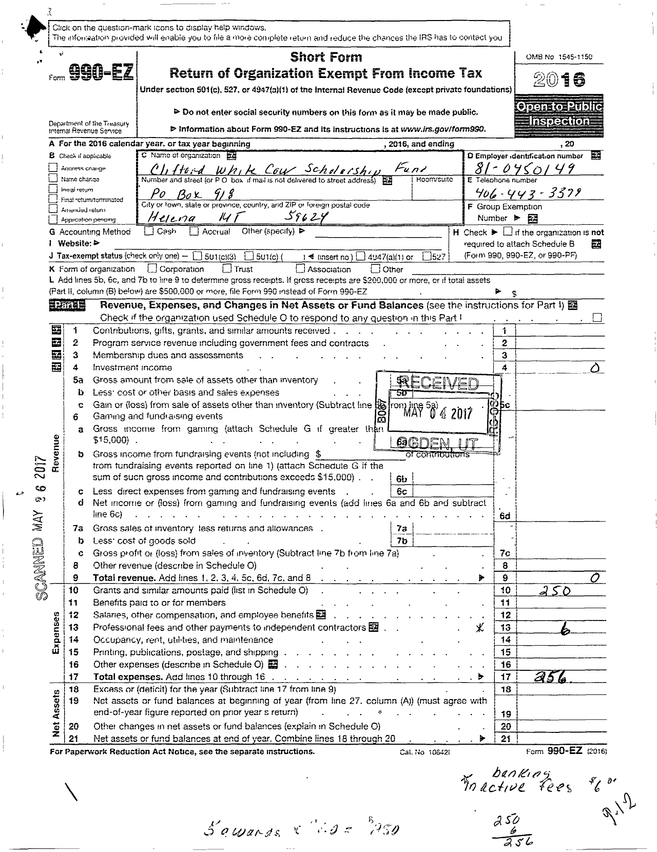 Image of first page of 2016 Form 990EO for Clifford White Cow Scholarship Fund