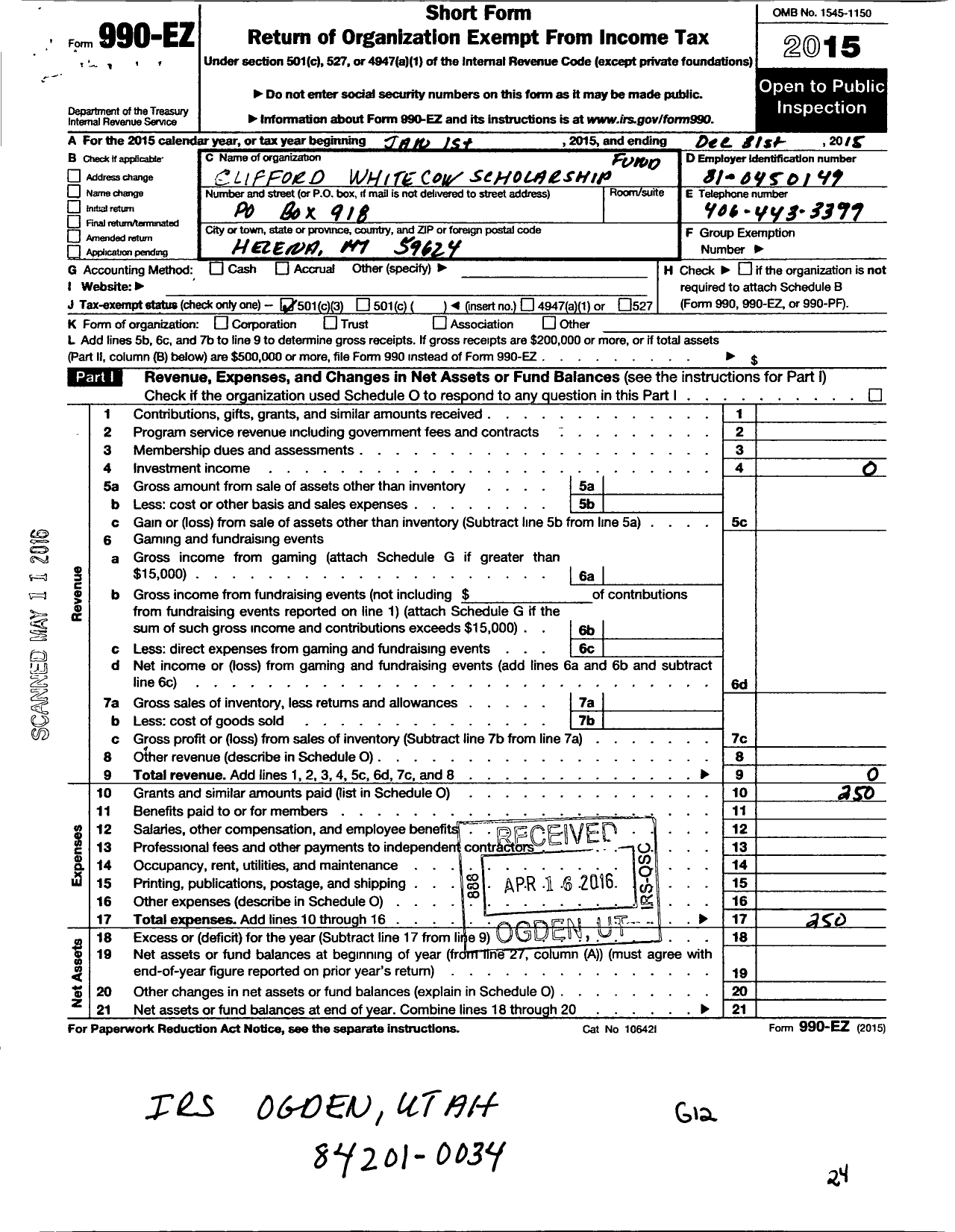 Image of first page of 2015 Form 990EZ for Clifford White Cow Scholarship Fund