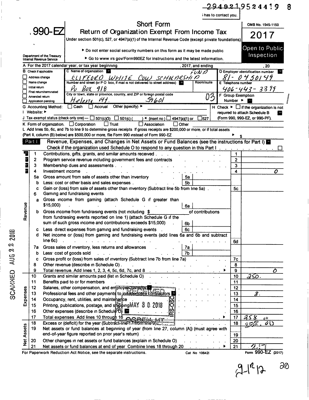 Image of first page of 2017 Form 990EZ for Clifford White Cow Scholarship Fund