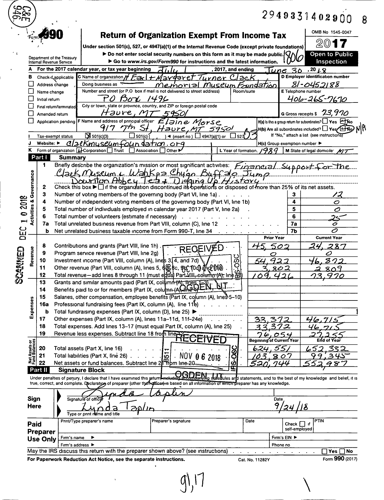 Image of first page of 2017 Form 990 for H Earl and Margaret Turner Clack Memorial Museum Foundation