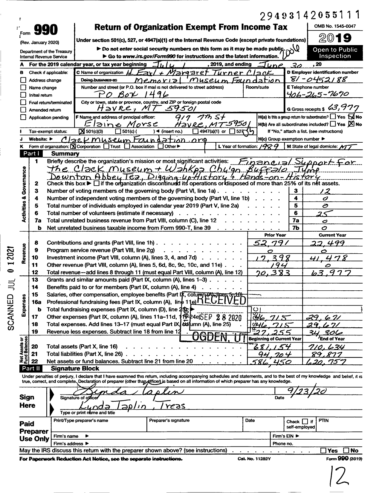 Image of first page of 2019 Form 990 for H Earl and Margaret Turner Clack Memorial Museum Foundation