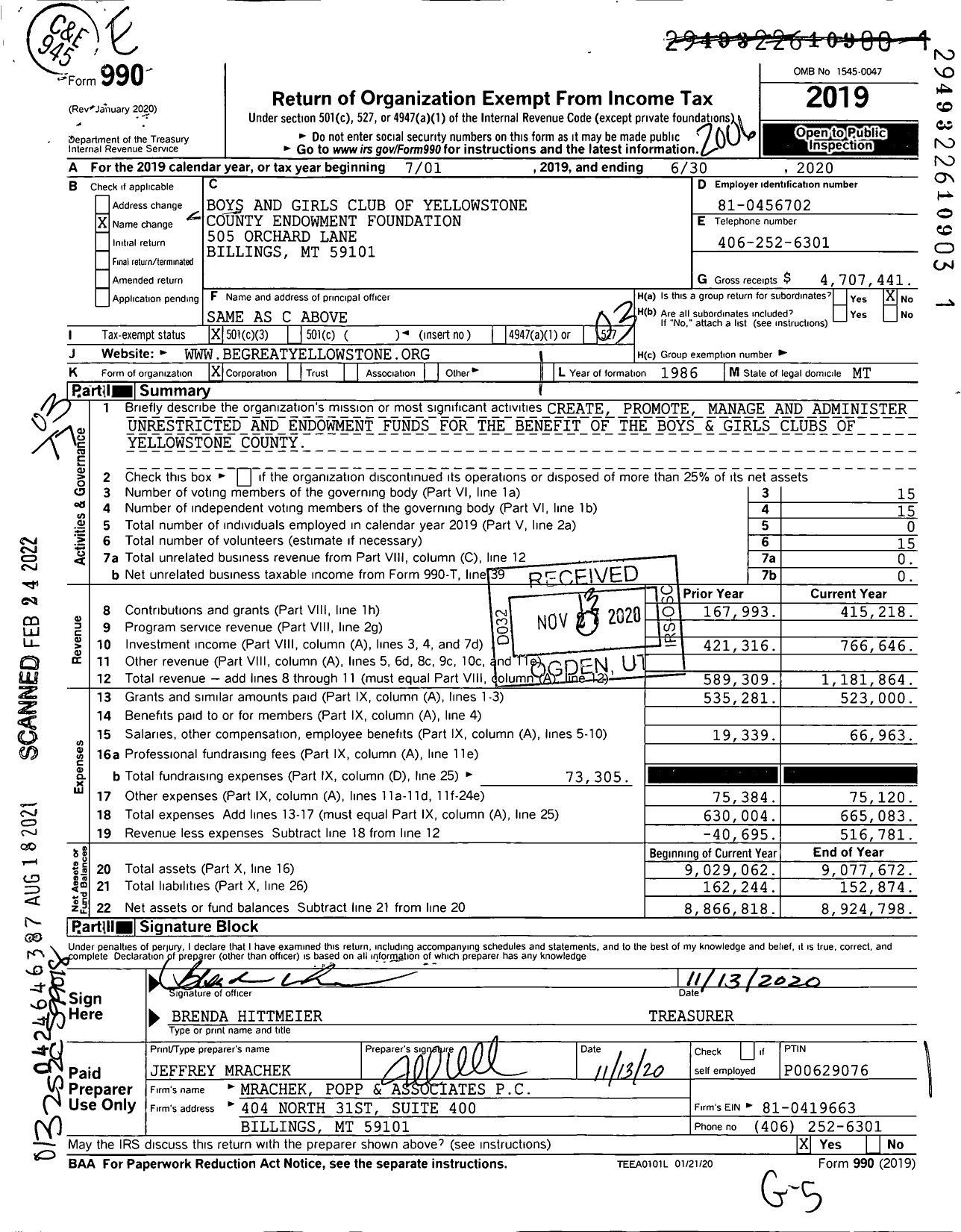 Image of first page of 2019 Form 990 for Boys and Girls Club of Yellowstone County Endowment Foundation