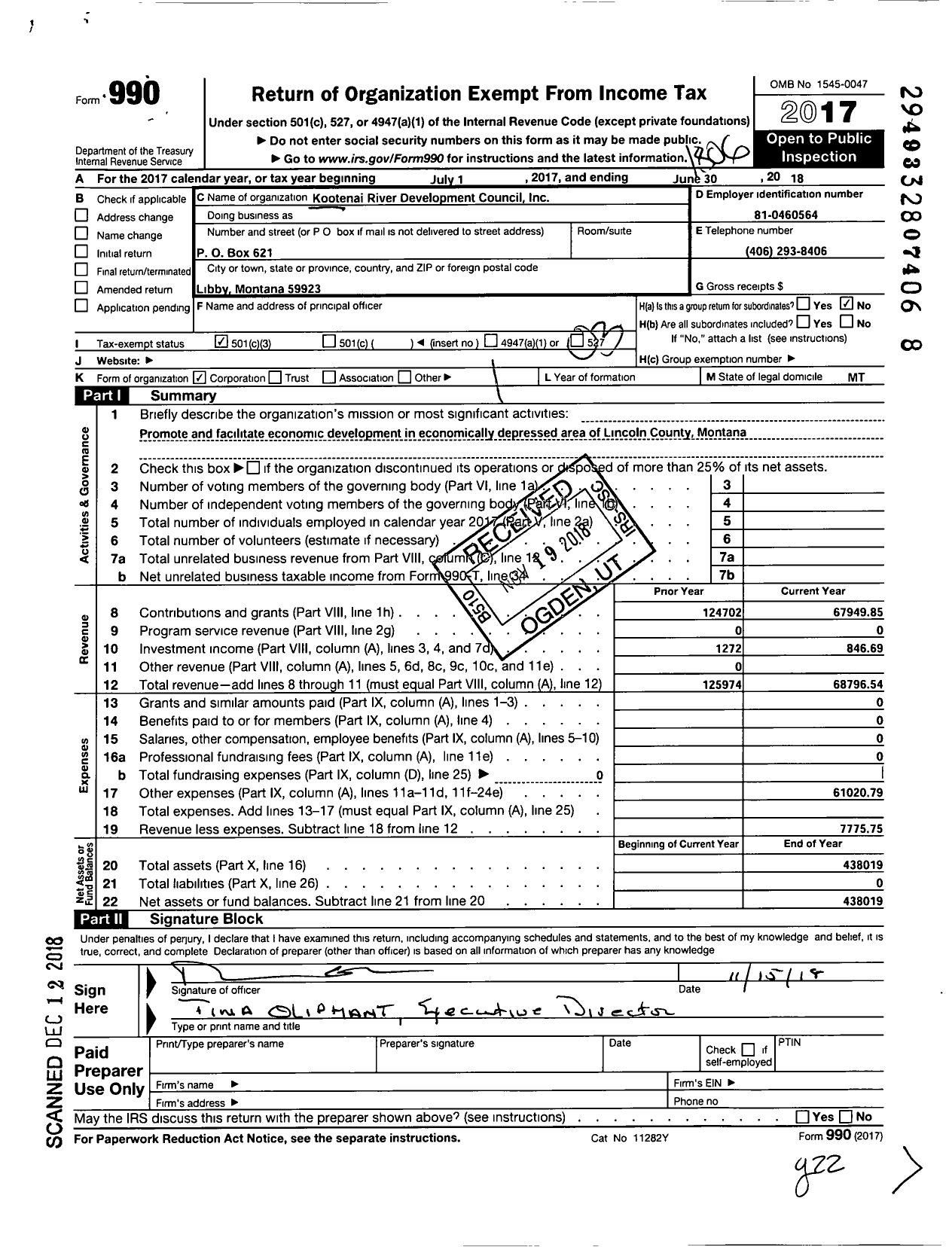 Image of first page of 2017 Form 990 for Kootenai River Development Council