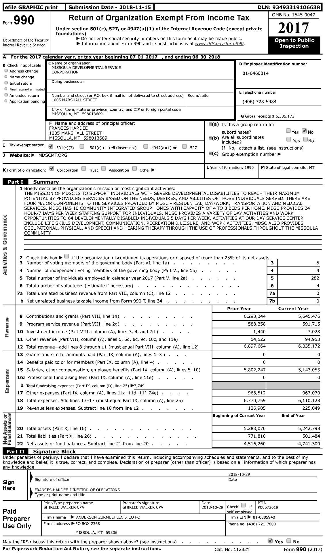 Image of first page of 2017 Form 990 for Missoula Developmental Service Corporation (MDSC)