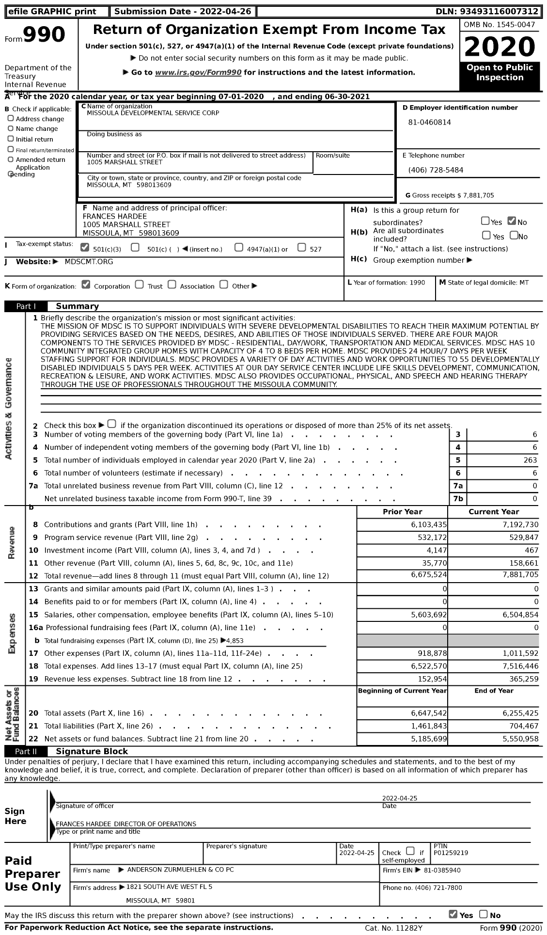Image of first page of 2020 Form 990 for Missoula Developmental Service Corporation (MDSC)