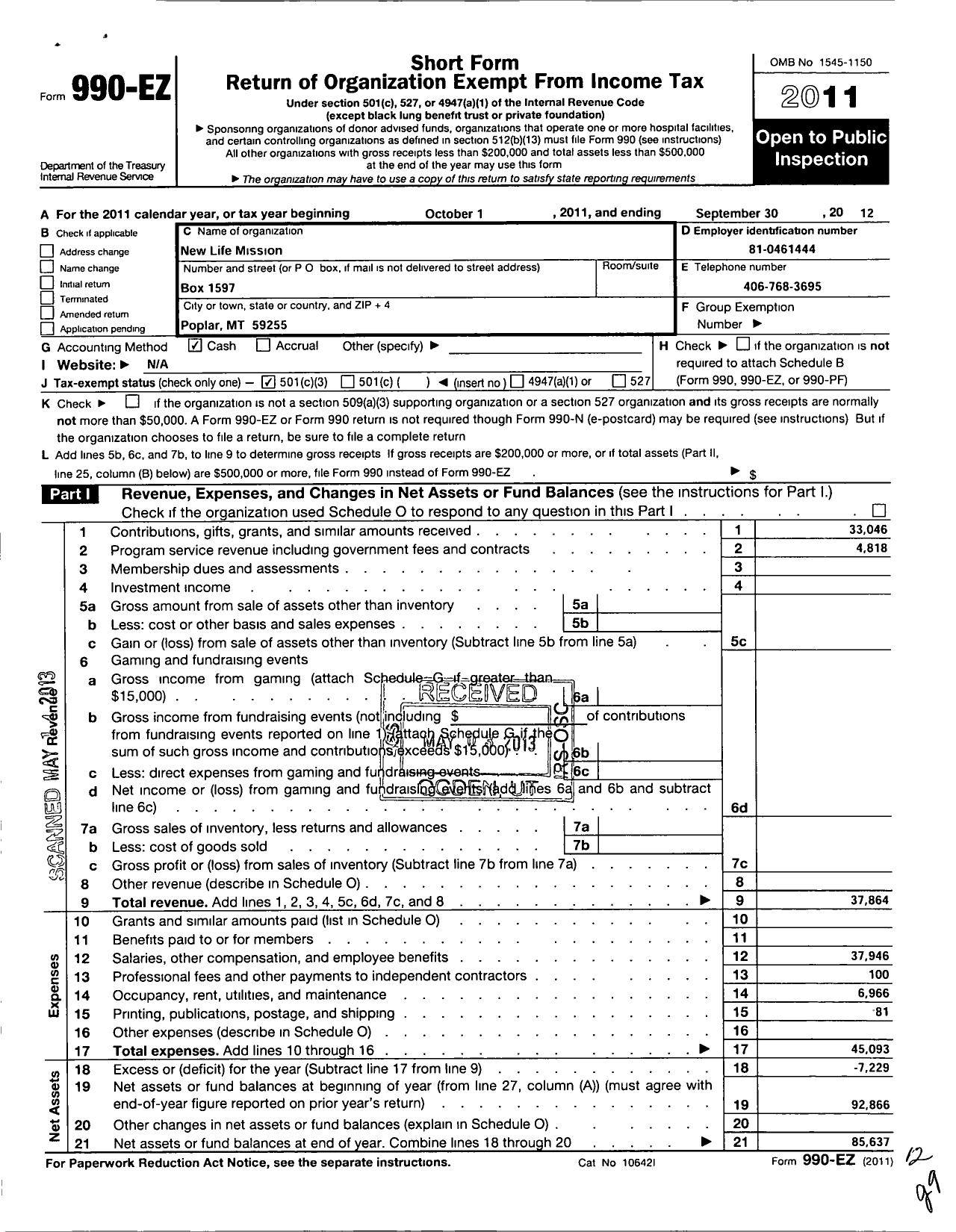Image of first page of 2011 Form 990EZ for New Life Mission