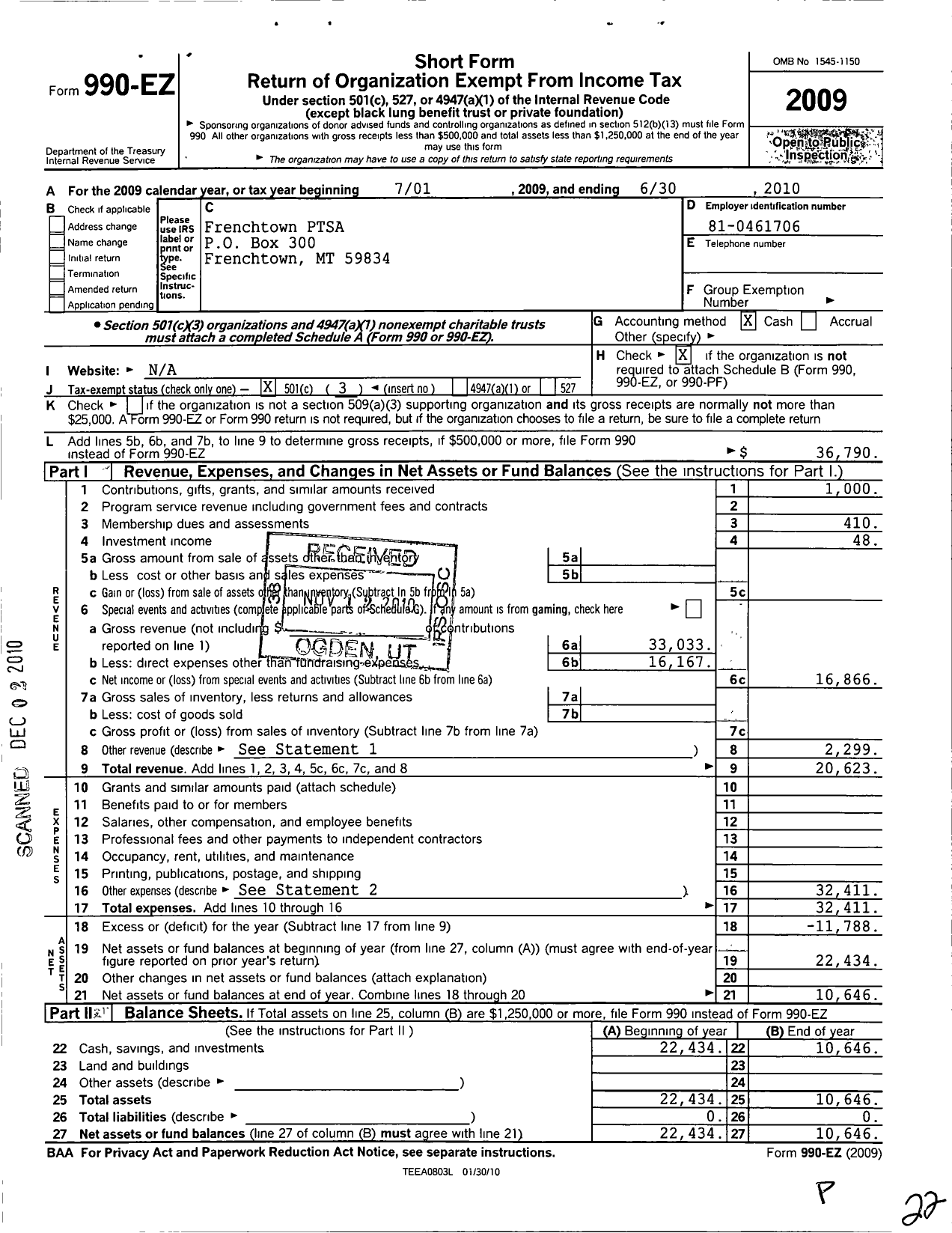 Image of first page of 2009 Form 990EZ for Montana Congress of Parents Teachers Students - 5587 Frenchtown Ptsa