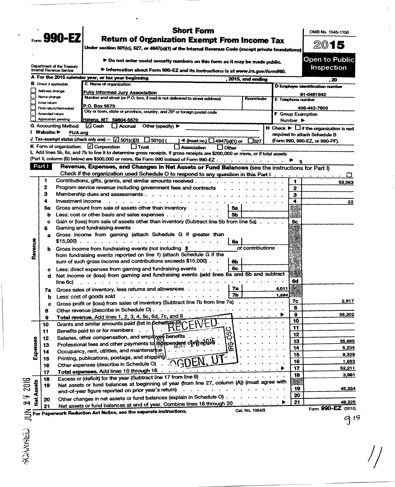 Image of first page of 2015 Form 990EZ for Fully Informed Jury Association