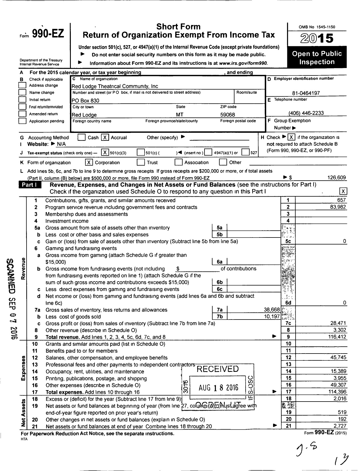 Image of first page of 2015 Form 990EZ for Red Lodge Theatrical Community