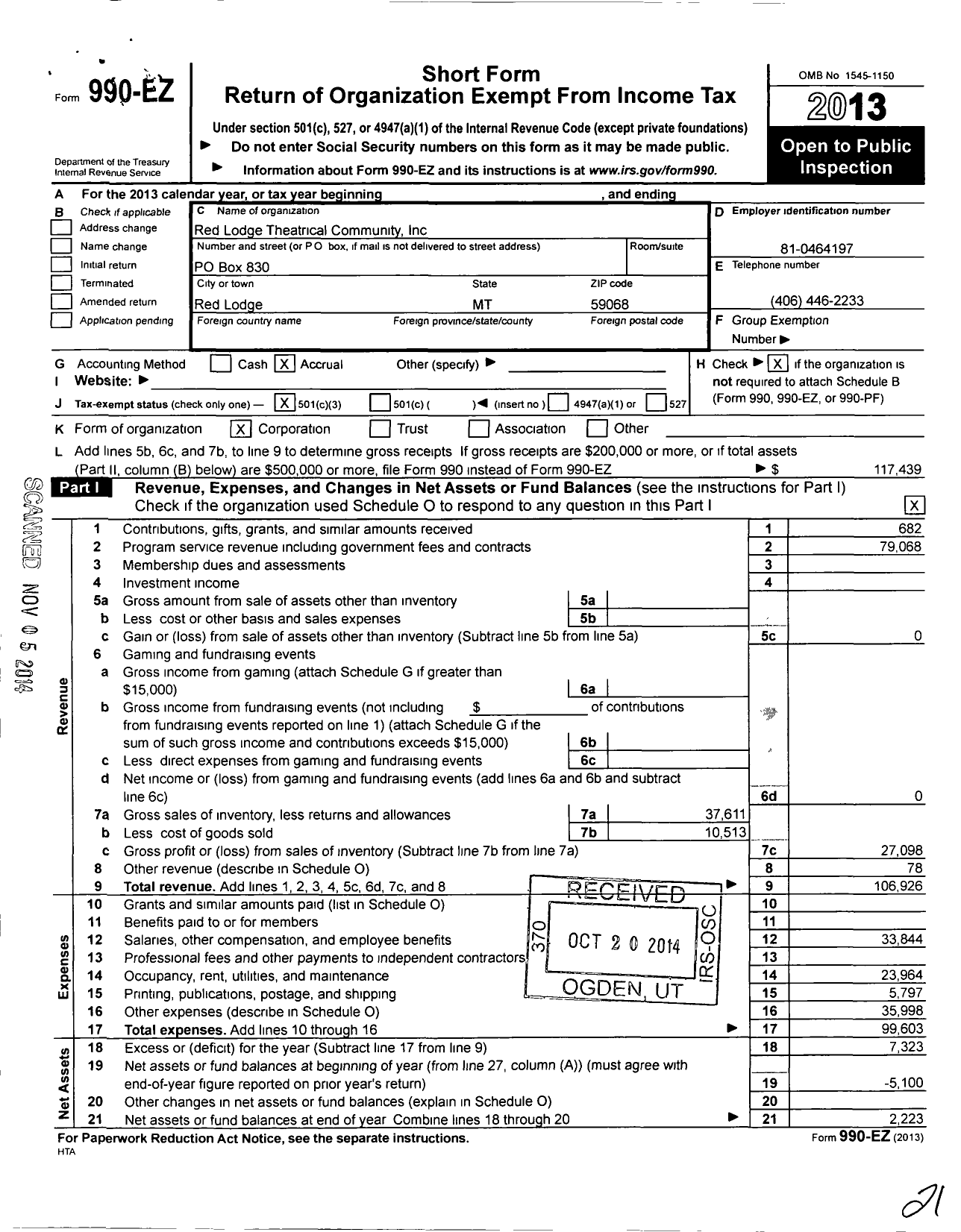 Image of first page of 2013 Form 990EZ for Red Lodge Theatrical Community