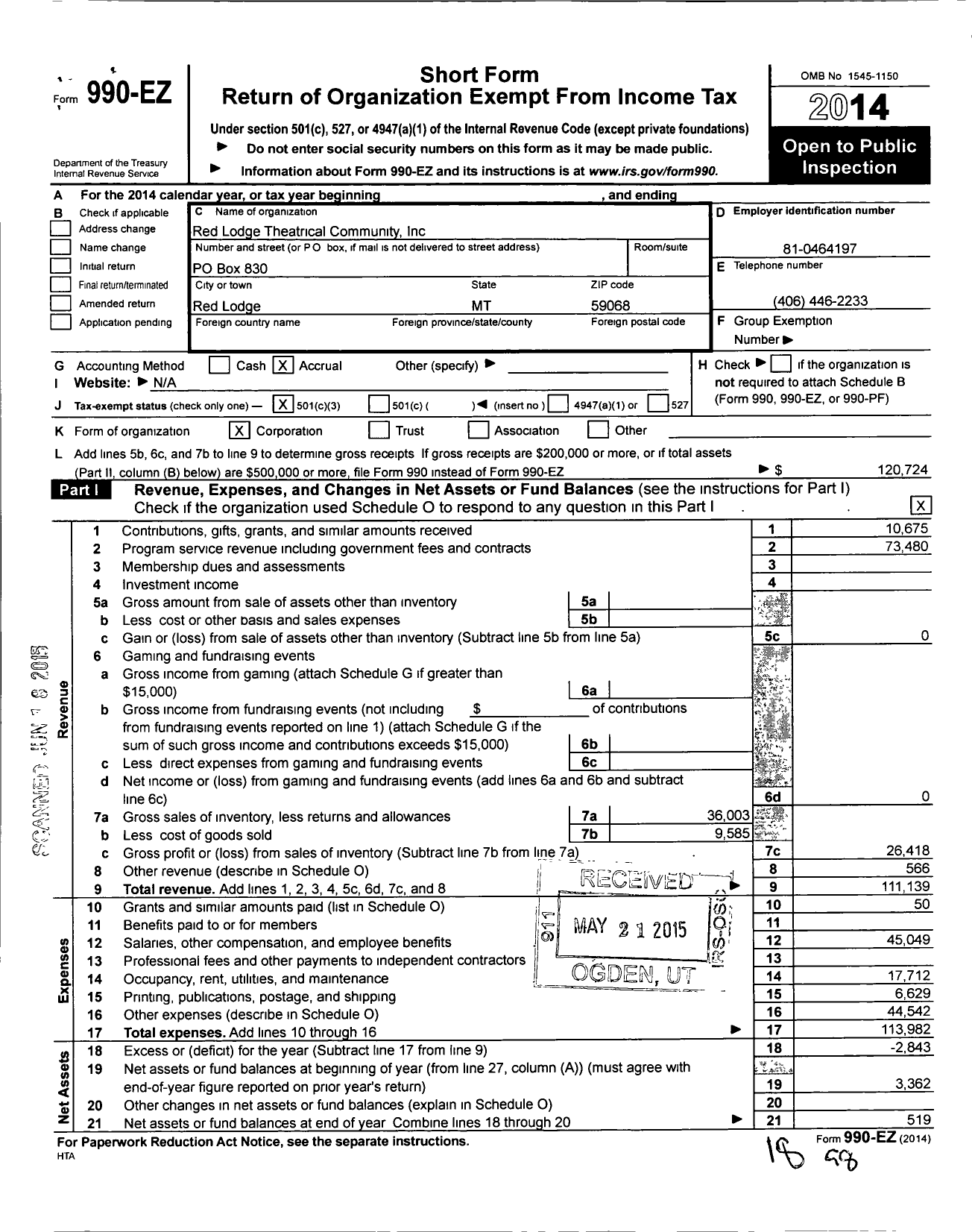 Image of first page of 2014 Form 990EZ for Red Lodge Theatrical Community