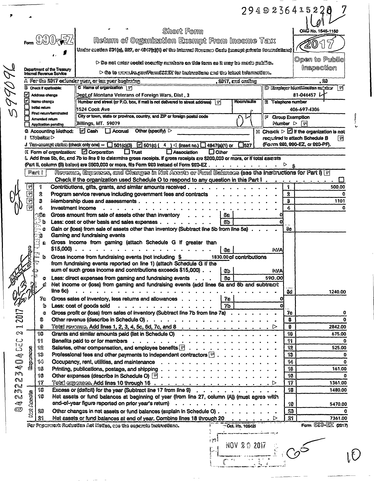 Image of first page of 2016 Form 990EO for Department of Montana Veterans of Foreign Wars of the United States - 3 District